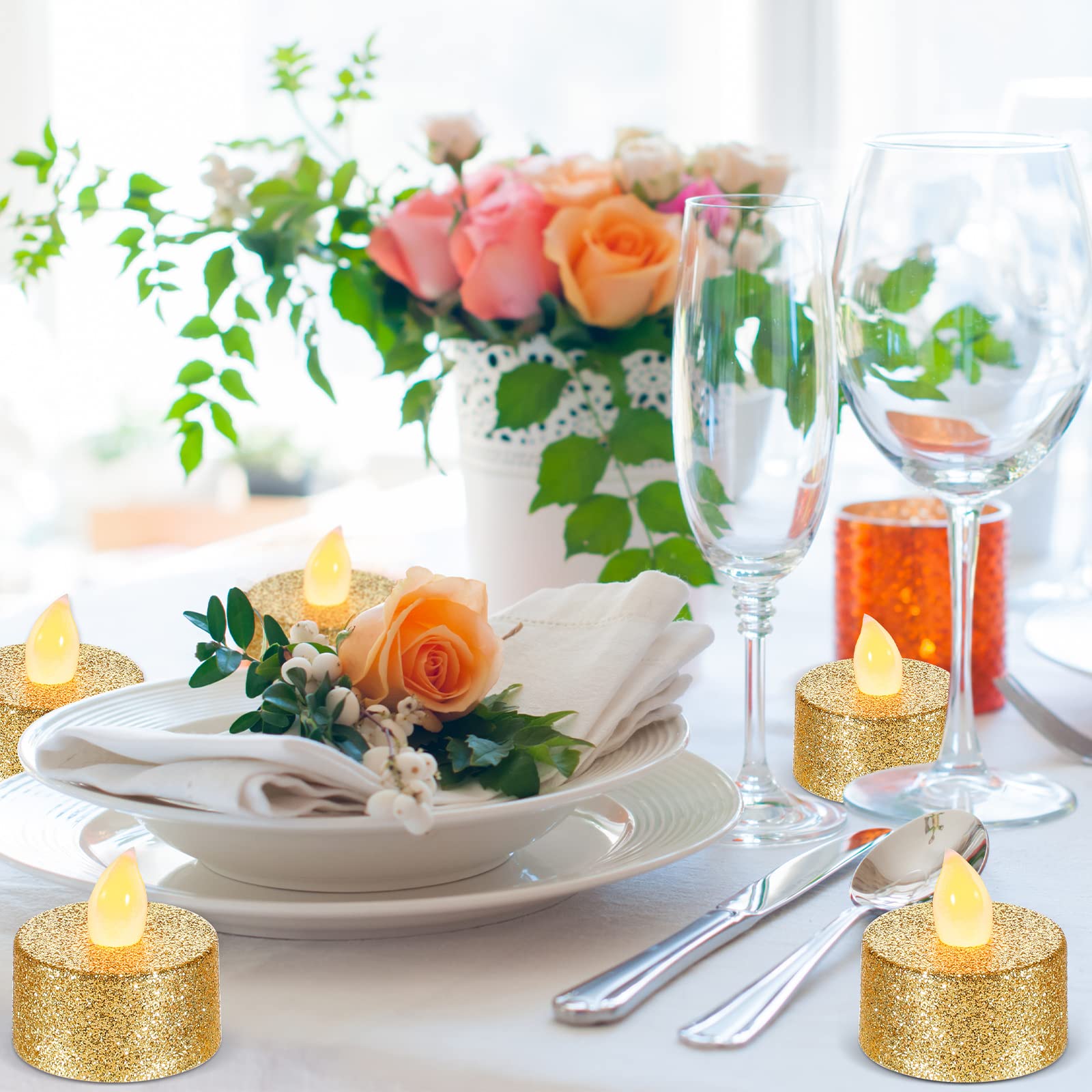 Mudder 24 Pieces Gold Tea Lights Led Candles Tealights Flameless Votive Battery Operated Tea Lights Electric Glitter Tealight Fo