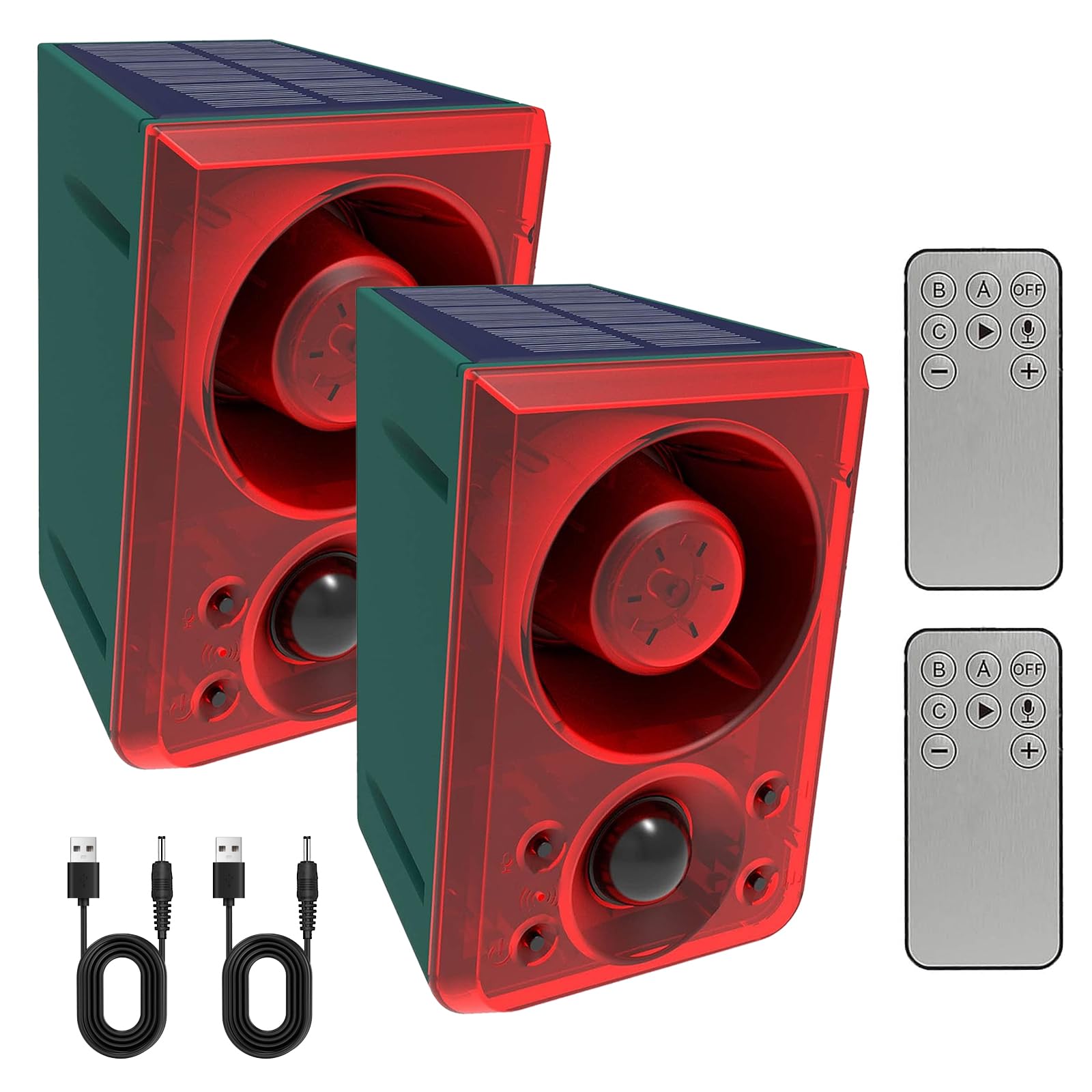 Chunhee Solar Outdoor Motion Sensor Alarm With Dog Barking Gunshot Sound, Support Recording And Adjustable Volume, 130Db Loud Motion Activated Noise Maker For Home, Garden, Yard, Farm 2 Pack