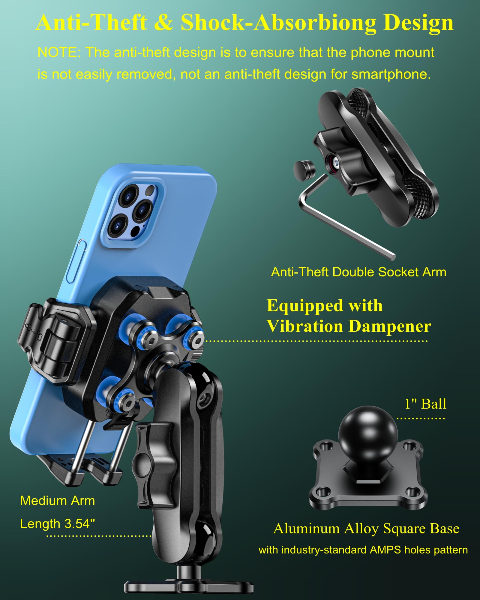 Brcovan Anti-Theft Phone Mount Holder With Vibration Dampener [1S Lock & Release] [Camera Friendly] With Aluminum Medium Arm & S
