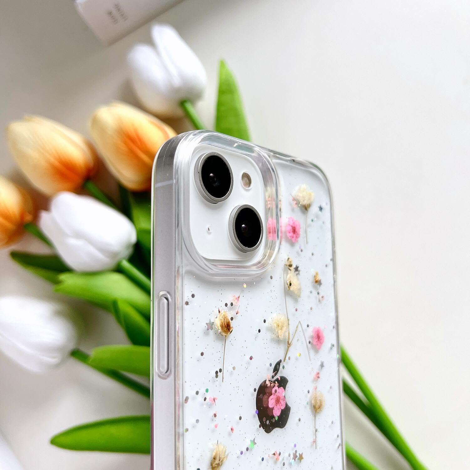 Lseeka For Iphone 13 Mini/Iphone 12 Mini Clear Case With Pressed Real Flowers Design,Glitter Cute Pink Floral Pattern Slim Soft