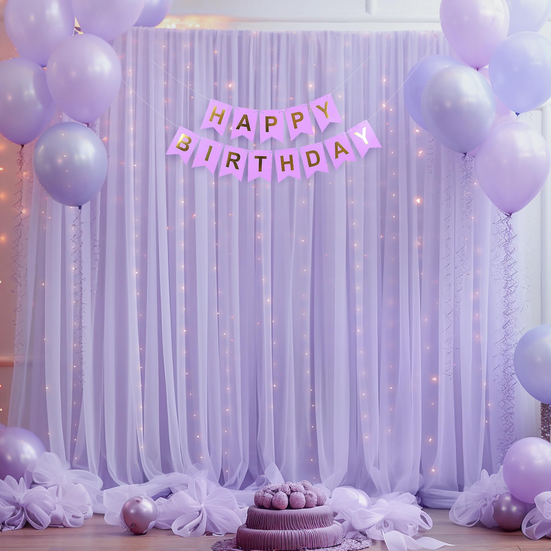 10X10Ft Purple Tulle Backdrop Curtain With Lights String For Parites, Sheer Photo Backdrop Curtains With Lights For Wedding Back