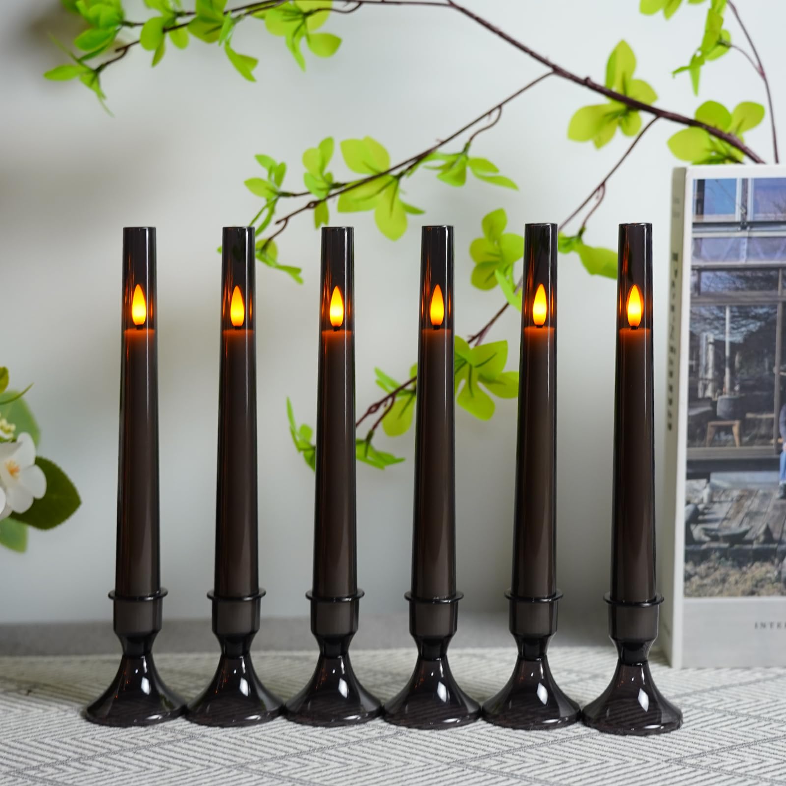 Lezonic Flameless Windows Candles Battery Operated With Timer Remote, 6Pcs Grey Acrylic Flameless Candlesticks With Holders, Led