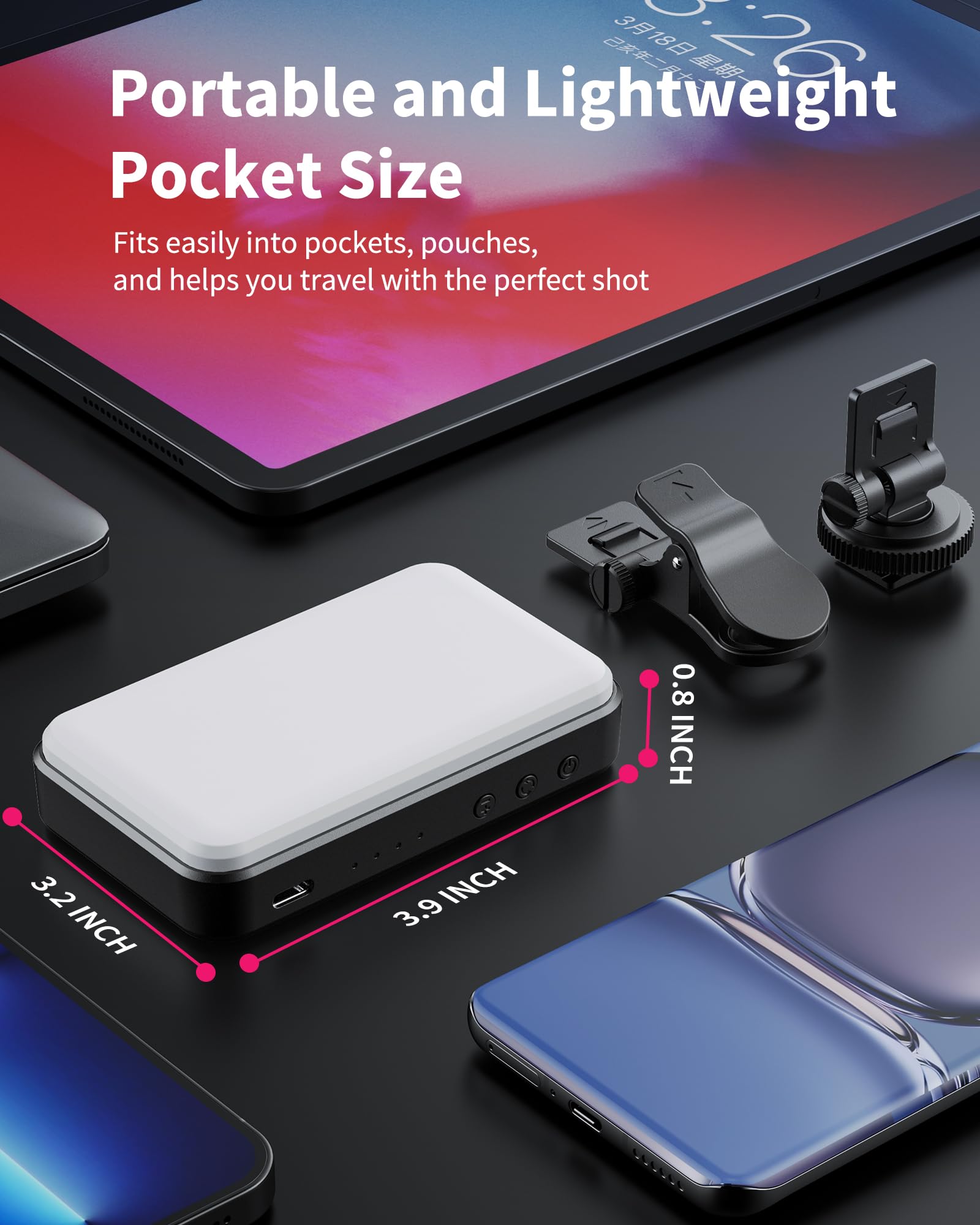 Selfie Light, Clip On Portable Phone Light, 3 Colors & 5 Brightness Dimmable, With Camera Screw Mount, Rechargeable Video Confer