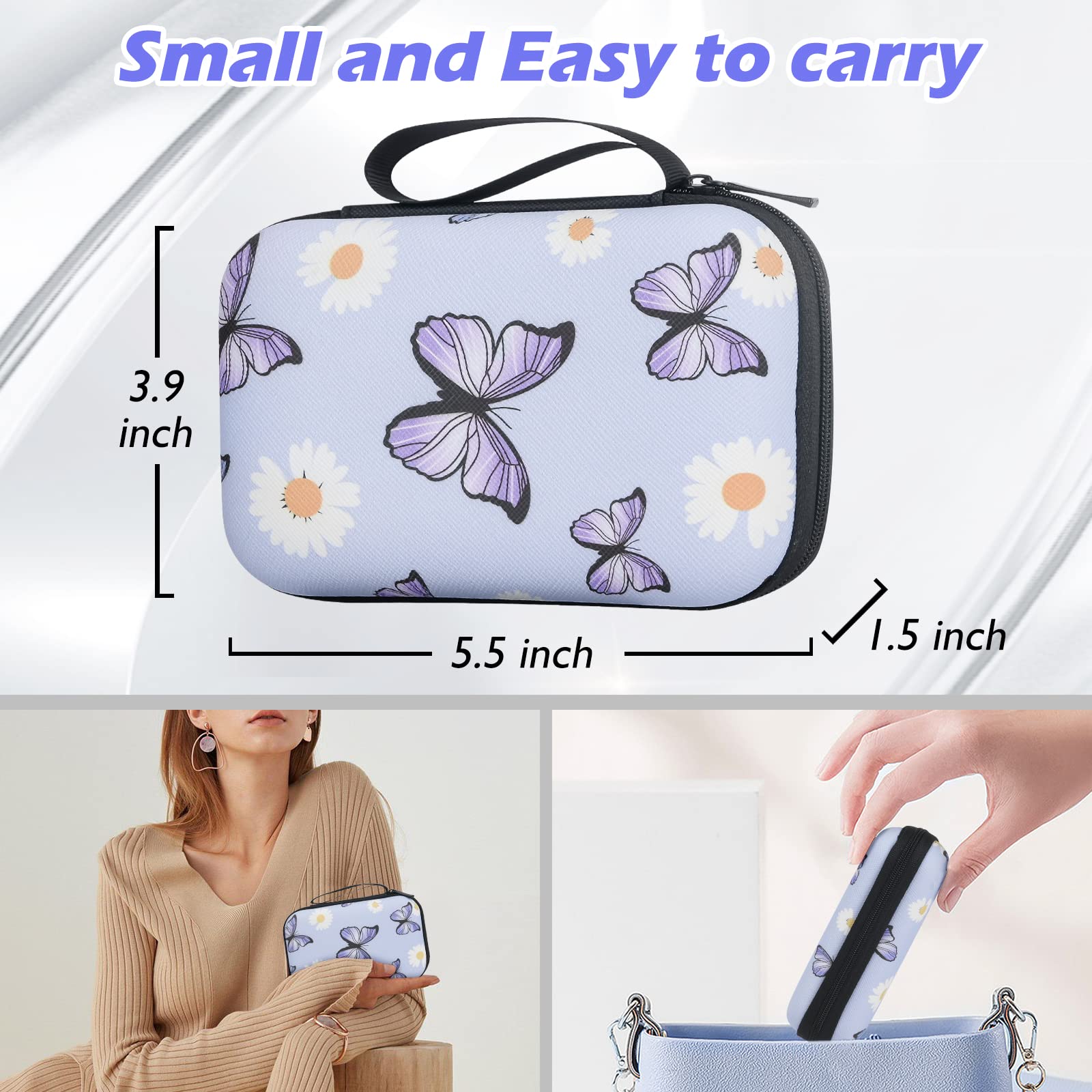 Cute Phone Charger Storage Case Set With Carrying Bag Purple Flowers Floral Butterfly Pattern Cable Protector Accessories Travel