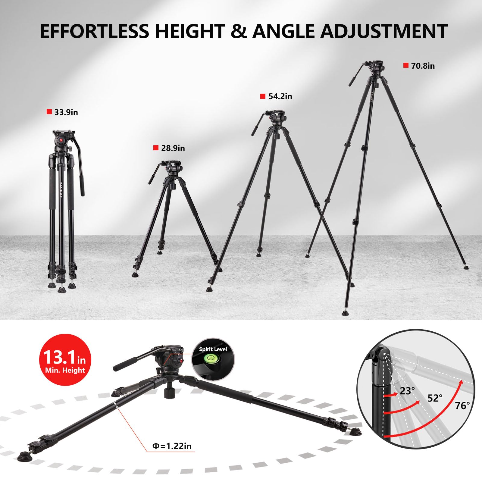 Raubay 70.8' Video Camera Tripod, Heavy Duty Tripods Stand With 360� Pan & 165� Tilt Fluid Head, 75Mm Bowl Base, Aluminum Single Tube Legs, Qr Plate, Max. Load 17.6Lb For Dslr Camera, Camcorder (Dv 3)