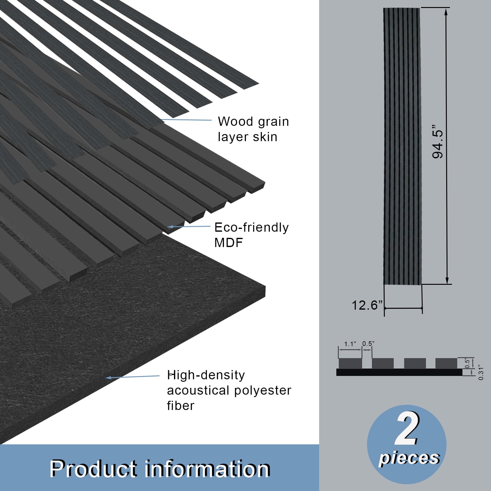 E Hao 2 Piece Wood Slat Acoustic Panels For Stylish Decor And Noise Reduction, 3D Textured Panel For Ceiling And Wall   Black Oa