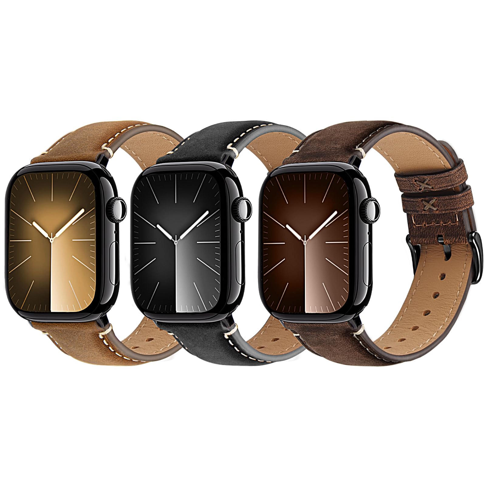 Wristitani 3 Pack Leather Bands Compatible With Apple Watch Bands 44mm 45mm 46mm 49mm 40mm 41mm 42mm for Men,Genuine Leather Rep