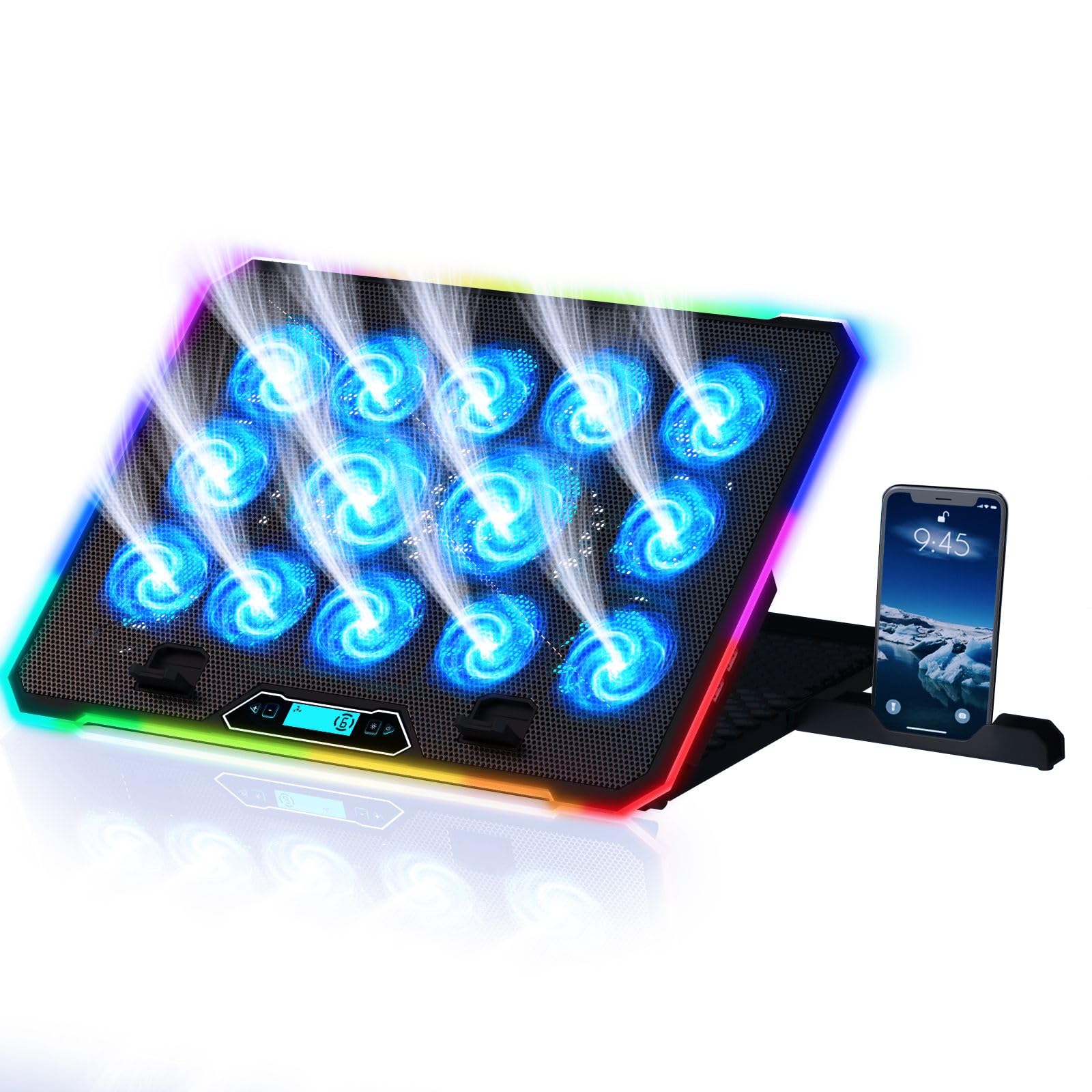 Klim V14 Gaming Laptop Cooling Pad, 14 Fans, Rgb, Compatible Up To 17 Inches, 2 Usb Ports, Mobile Phone Holder, 5 Years Protecti