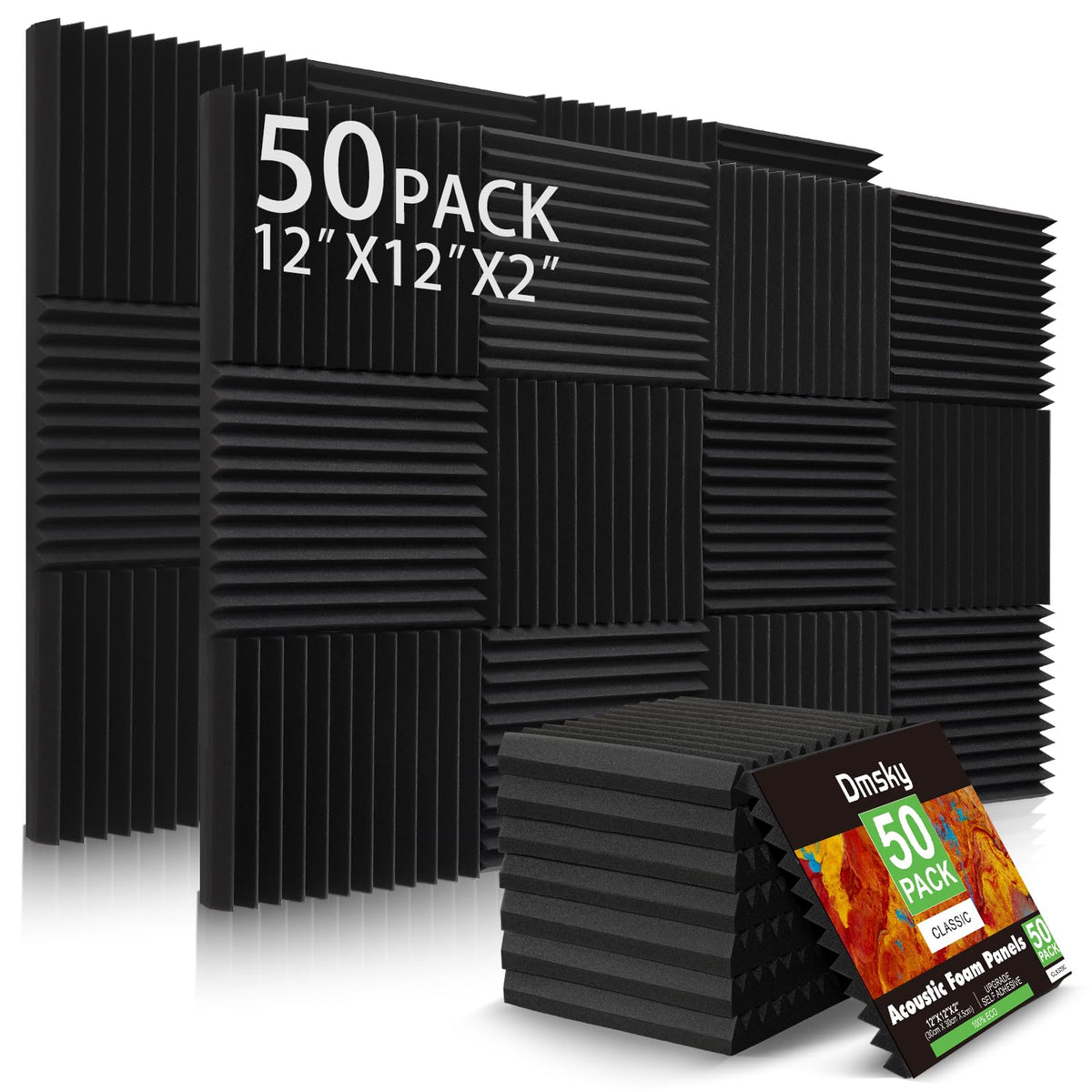 50 Pack Acoustic Foam Panels,2''X 12'' X 12''Sound Proof Foam Panels High Density Sound Absorbing Panels,Fire Resistant Soundpro