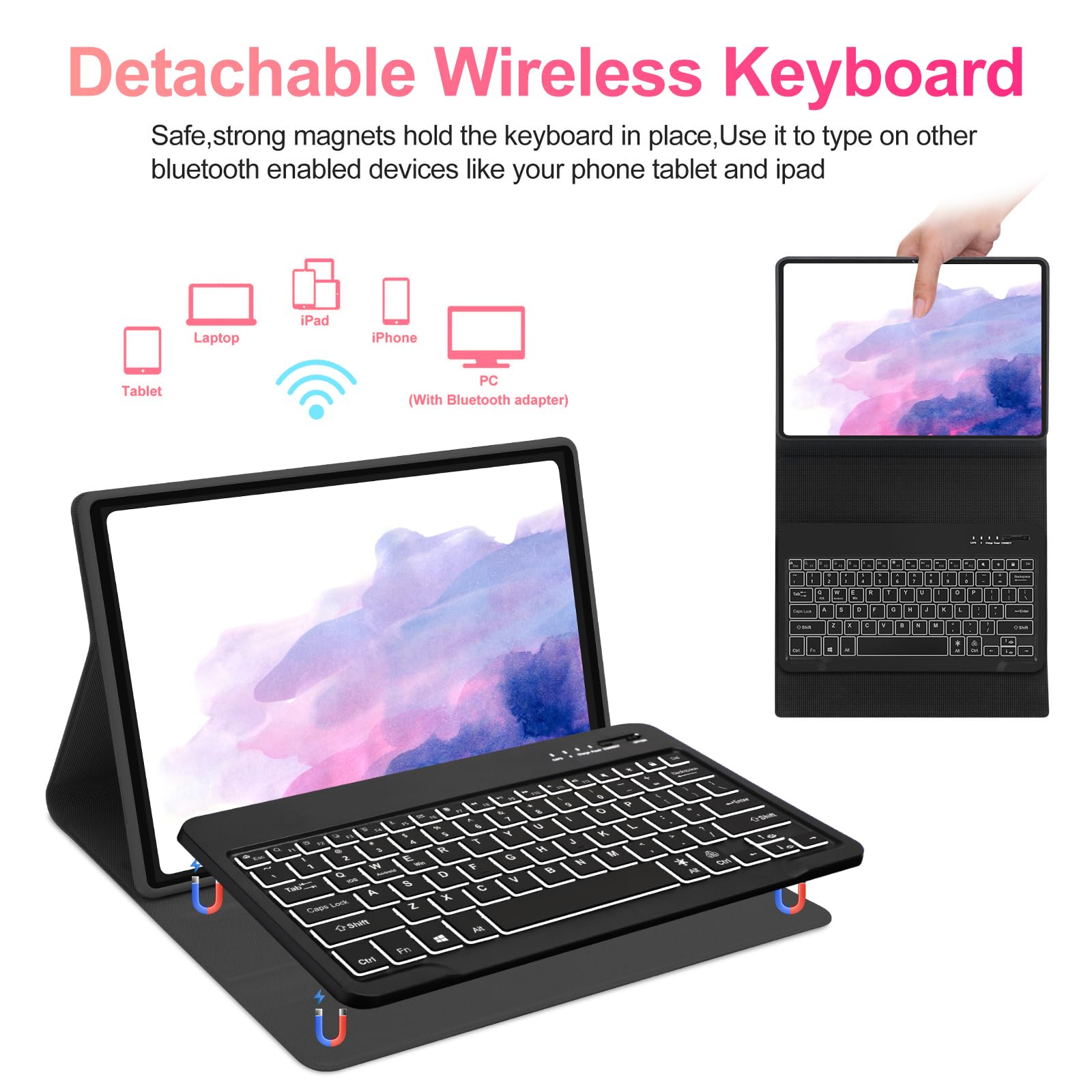 Samsung Galaxy Tab S8+/S7 Fe/S7 Plus Keyboard Case 12.4 Inch  Detachable Bluetooth Backlit Keyboard, Slim Multi Angle Cover With