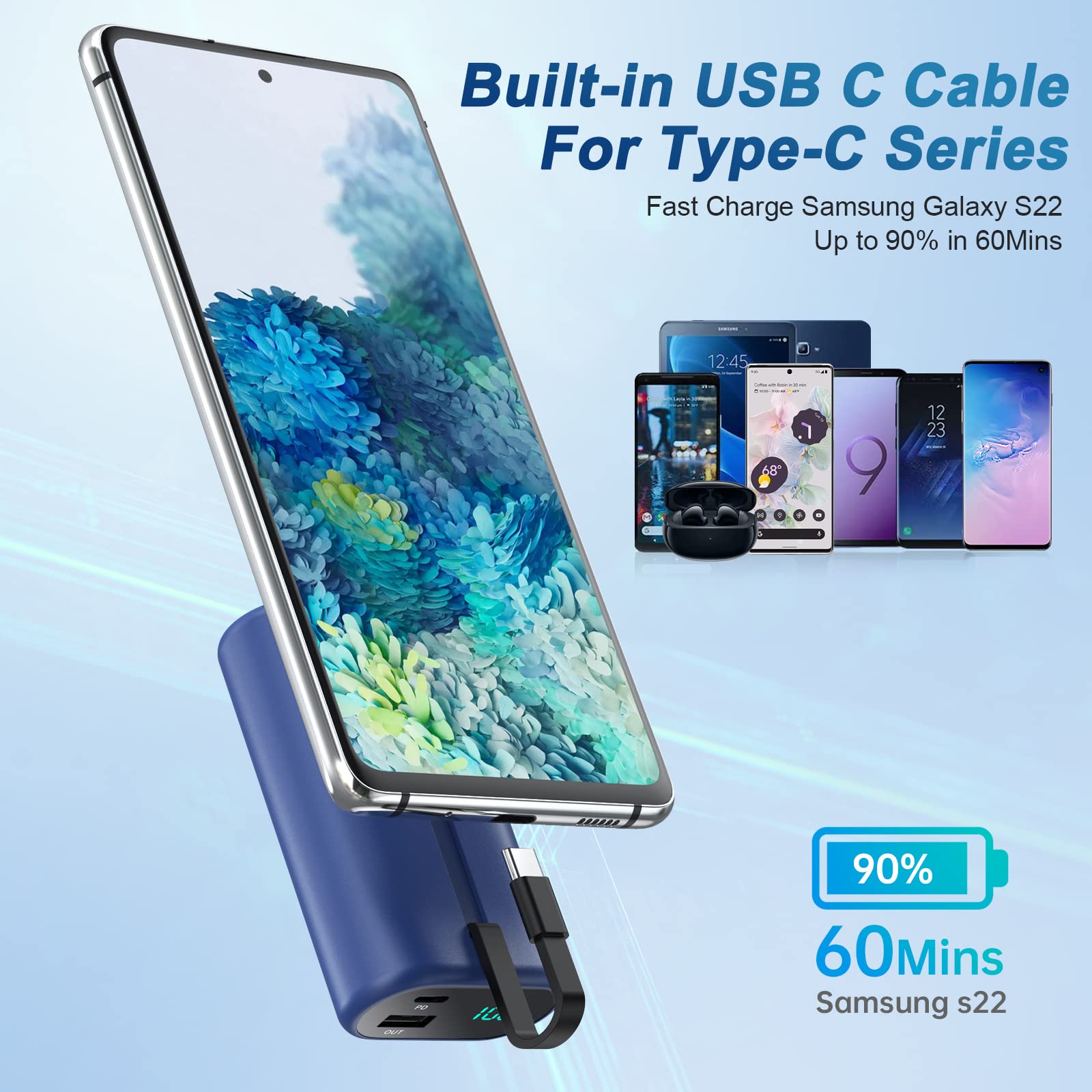 Small Portable Charger 10800Mah With Built In Usb C Cable, Mini Pd 3A Fast Charging Power Bank, Ultra Compact Lcd Display Batter