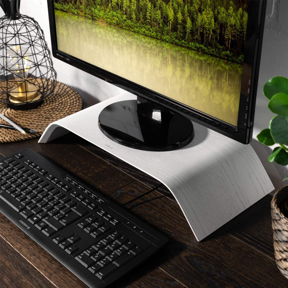 Kalibri Wood Monitor Stand Riser   Computer Desk Holder Desktop Dock Wooden Mount Display For Pc Tv Screen Notebook Laptop   Oak