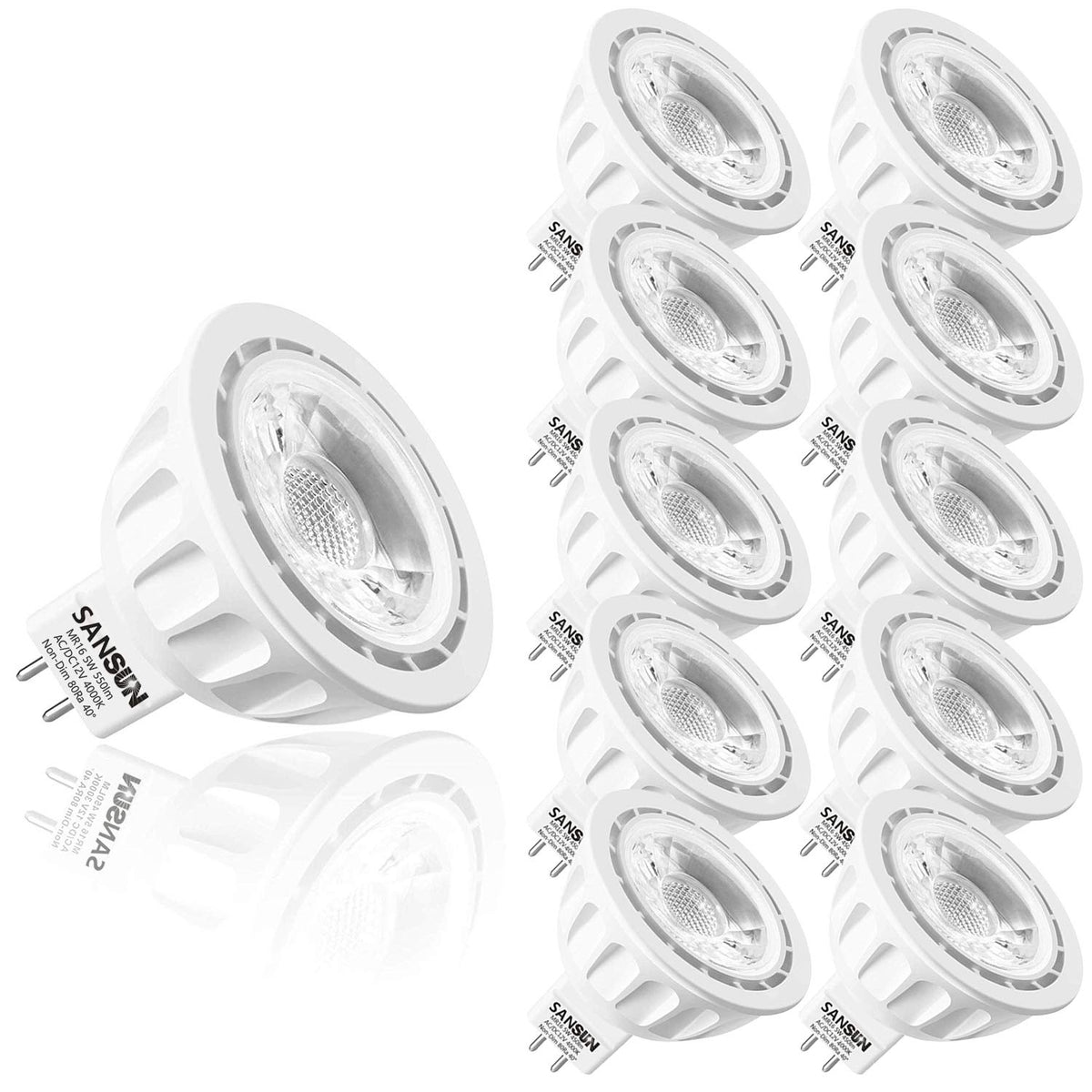 Sansun 5W Mr16 Led Bulbs, 12V 50W Halogen Replacement, Gu53 Bi Pin Base, Daylight White 4000K, Non Dimmable, (Pack Of 10)
