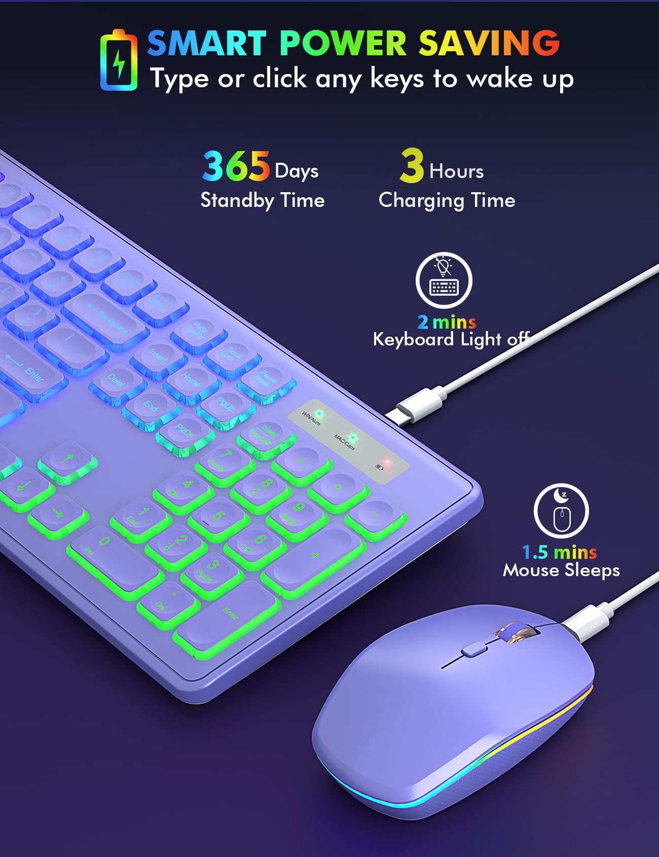 Wireless Keyboard And Mouse Combo, Rgb Backlit, Rechargeable & Light Up Letters, Full Size, Ergonomic Tilt Angle, Sleep Mode, 2.4Ghz Quiet Keyboard Mouse For Mac, Windows, Laptop, Pc, Trueque(Purple)