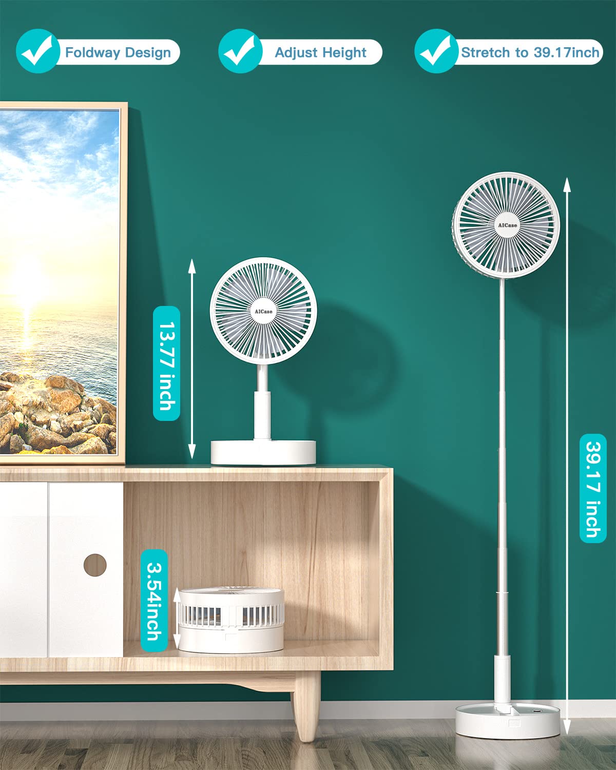 Aicase Stand Fan,Folding Portable Telescopic Floor/Usb Desk Fan With 10800Mah Rechargeable Battery,4 Speeds Super Quiet Adjustab