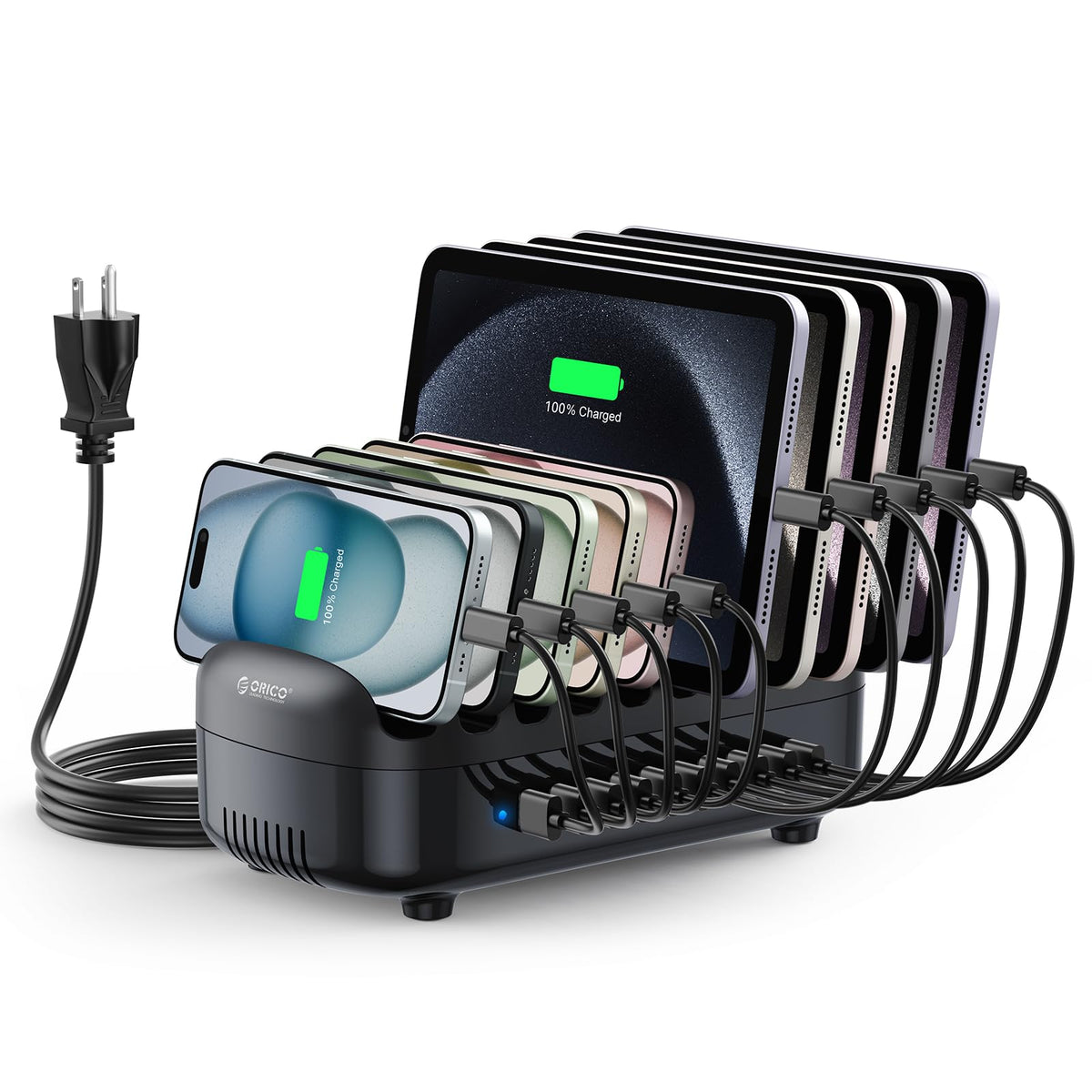 ORICO 120W Charging Station for Multiple Devices, 10 Ports USB Charging Docking Organizer Station, Multi USB Charging Station Compatible with iPad, Tablet, Kindle, Airpods and Cell Phone