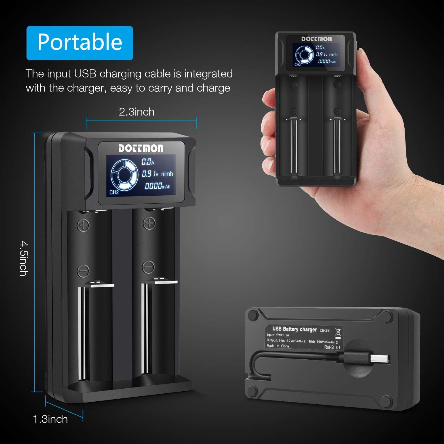 Intelligent Dottmon Lcd Display Universal Battery Charger For Rechargeable Batteries Li Ion 18650 18490 18350 17670 17500 16340(Rcr123) 14500 26650 21700, Ni Mh/Ni Cd A Aa Aaa Sc C D Batteries
