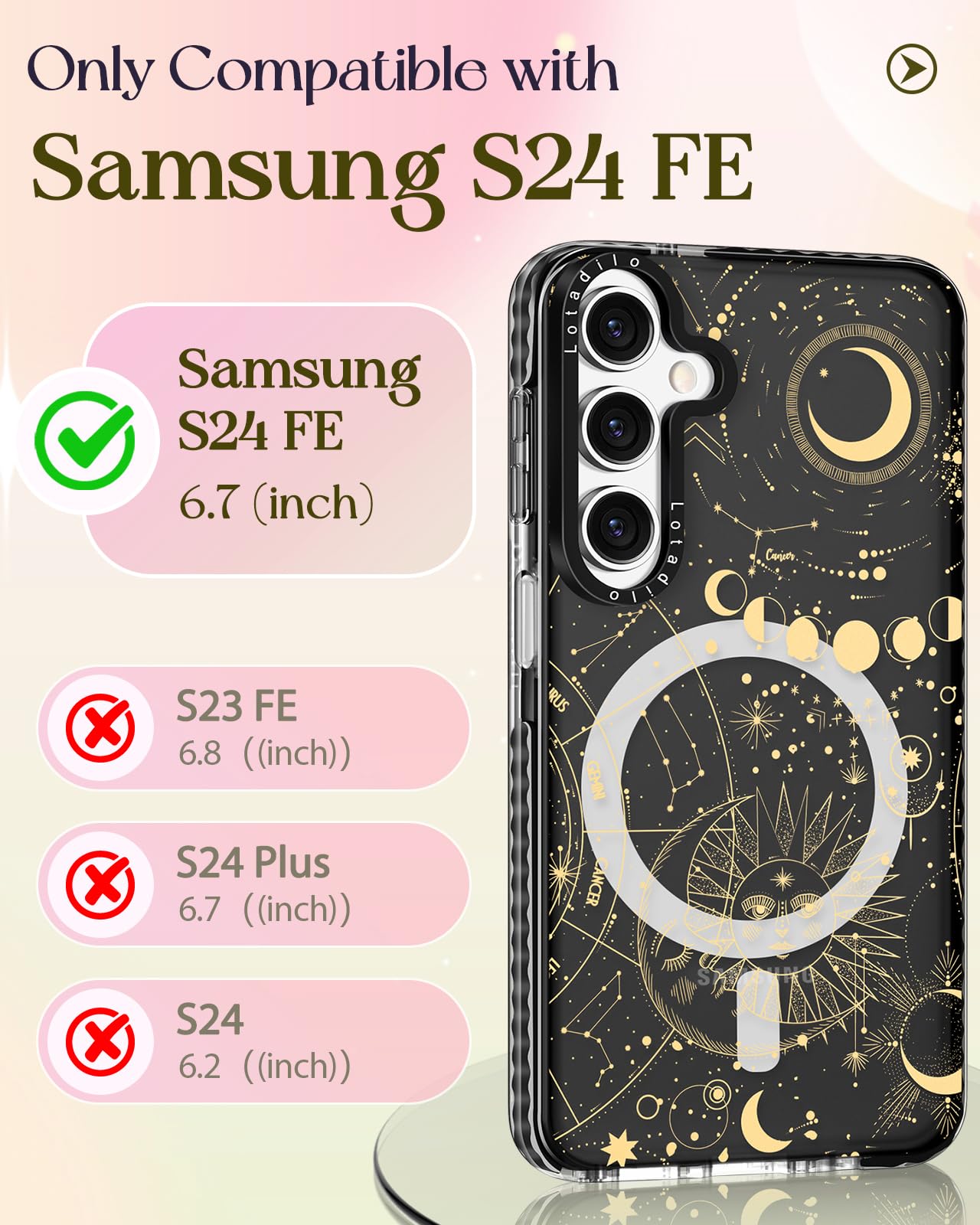 Lotadilo Cute Case For Samsung Galaxy S24 Fe For Women Girls - Funny Sun Moon Design Compatible With Magsafe Magnetic Ring Holde