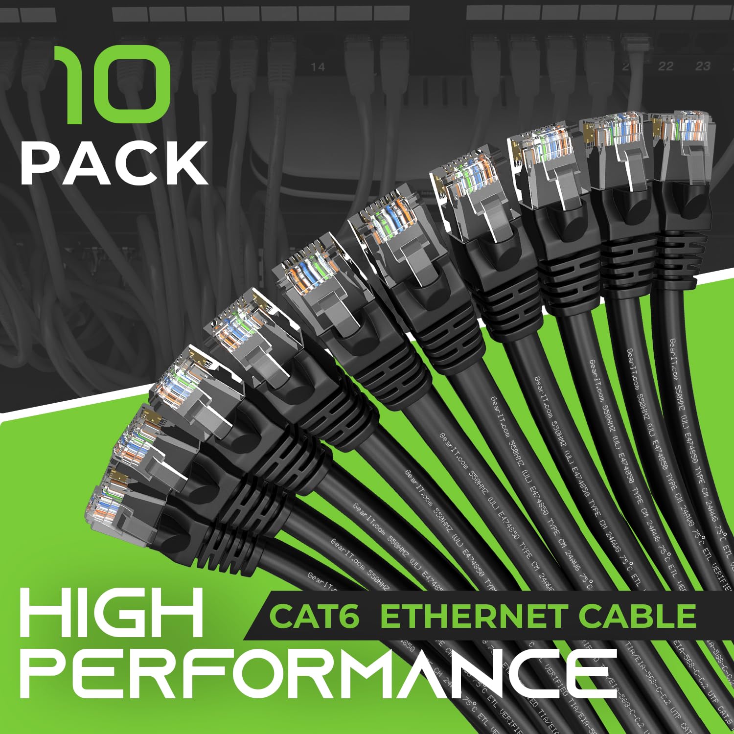 Gearit 10 Pack, Cat 6 Ethernet Cable Cat6 Snagless Patch 2 Feet   Computer Lan Network Cord, Black   Compatible With 10 Port Swi