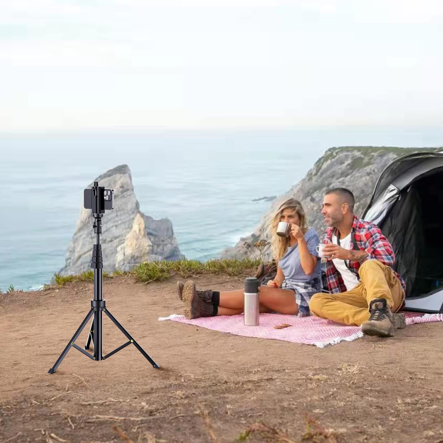 Fugetek 67' Professional Cell Phone Tripod, Portable All In One, Bluetooth Remote, Phone Holder, Compatible With Iphone & Android Devices, Non Skid Feet, Black