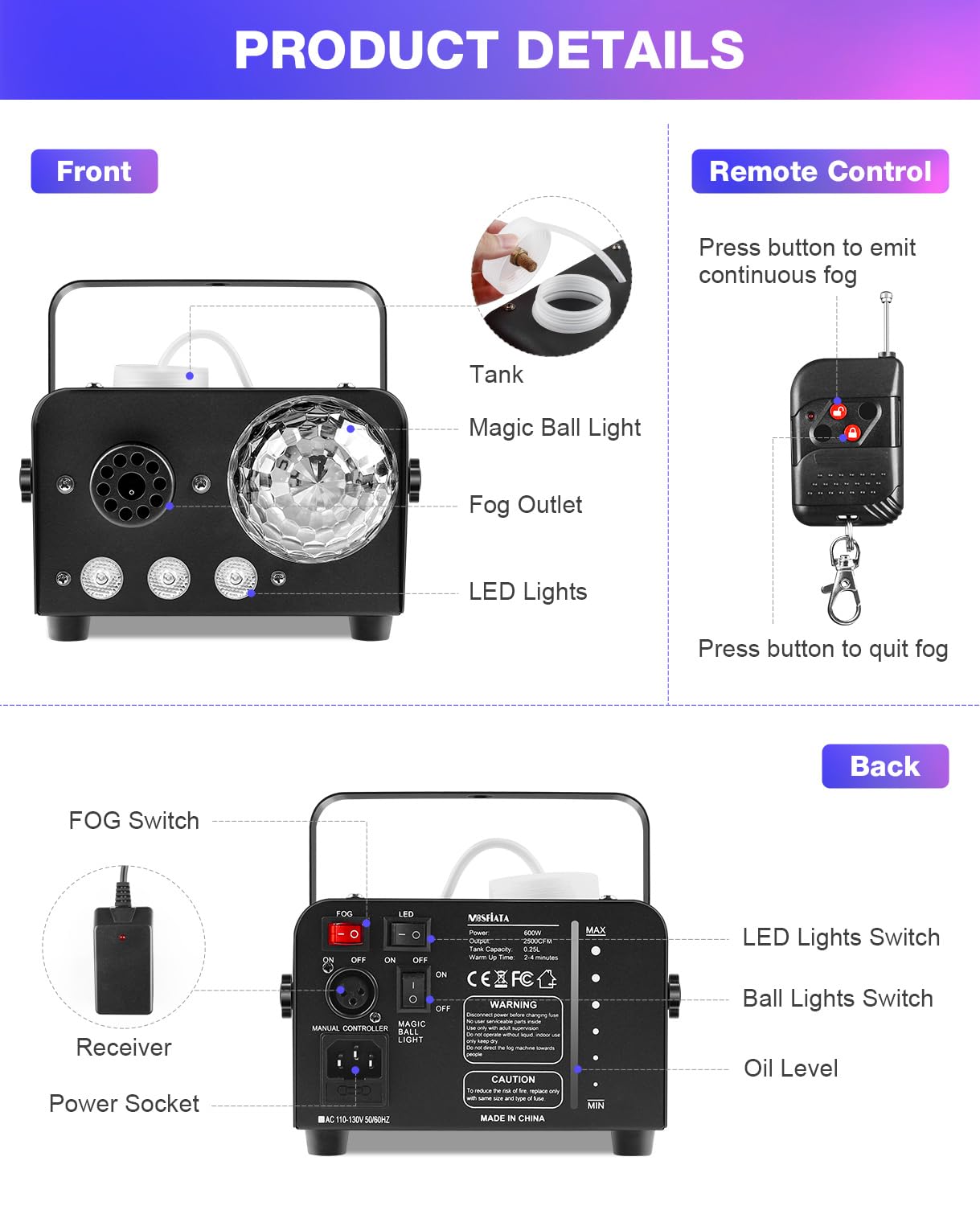 Mosfiata Fog Machine With Disco Ball Lights 600W Smoke Machine With Rgb Led Lights, 2300 Cfm Spray, Remote Control, Perfect For