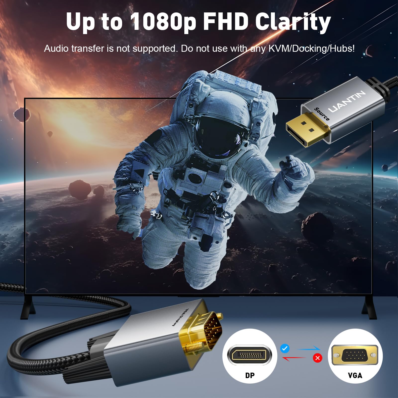 Uantin Displayport To Vga Cable Adapter 6Ft |Aluminum Shell, Nylon Braided| Gold Plated Plugs 1080P Display Port Dp Source To Vg