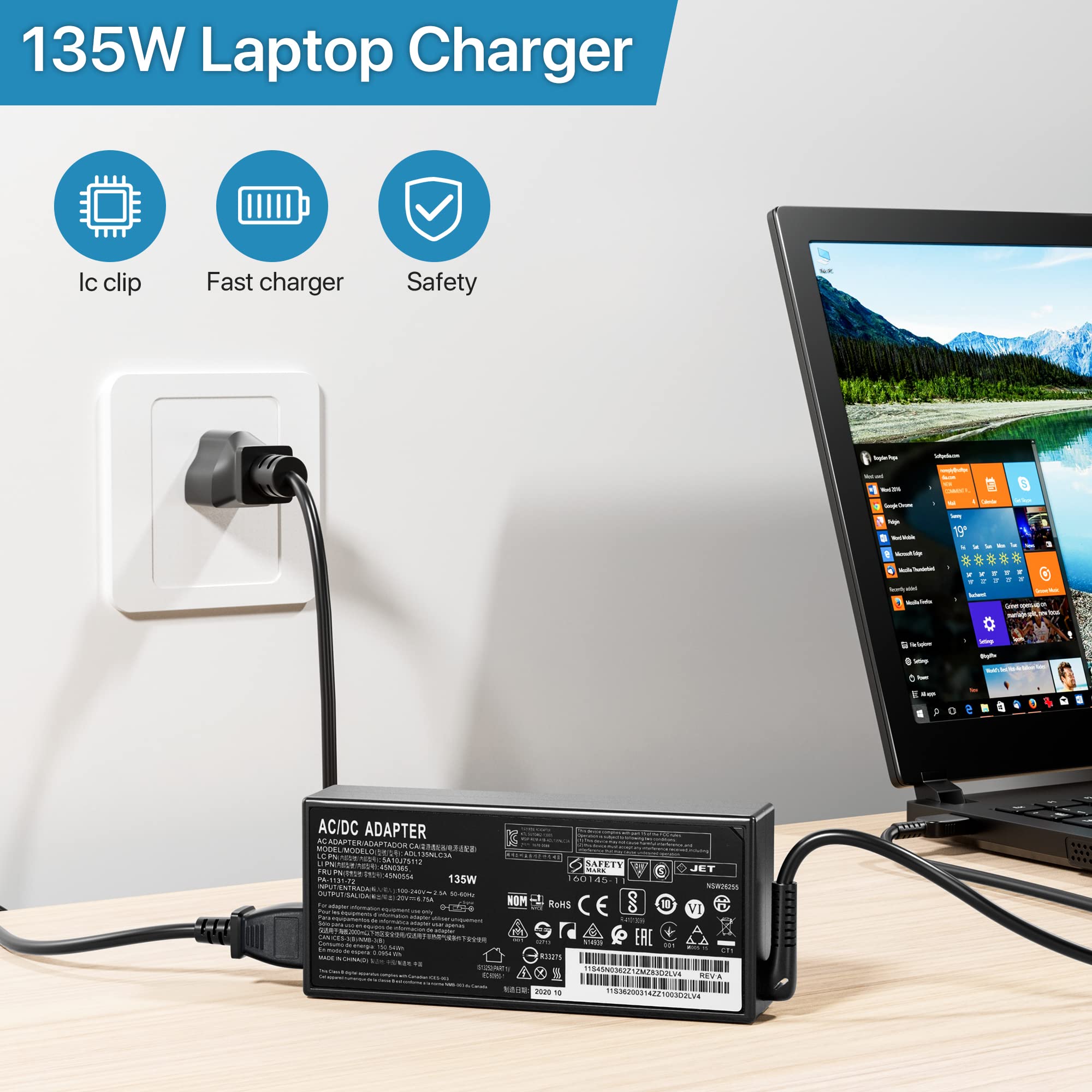 135W Laptop Charger For Lenovo Thinkpad X1 Extreme P1 P15V T15P Gen 1 2 3 4 Ideapad L340 3 15 4X20E50558 888015027 Adl135Ndc3A A