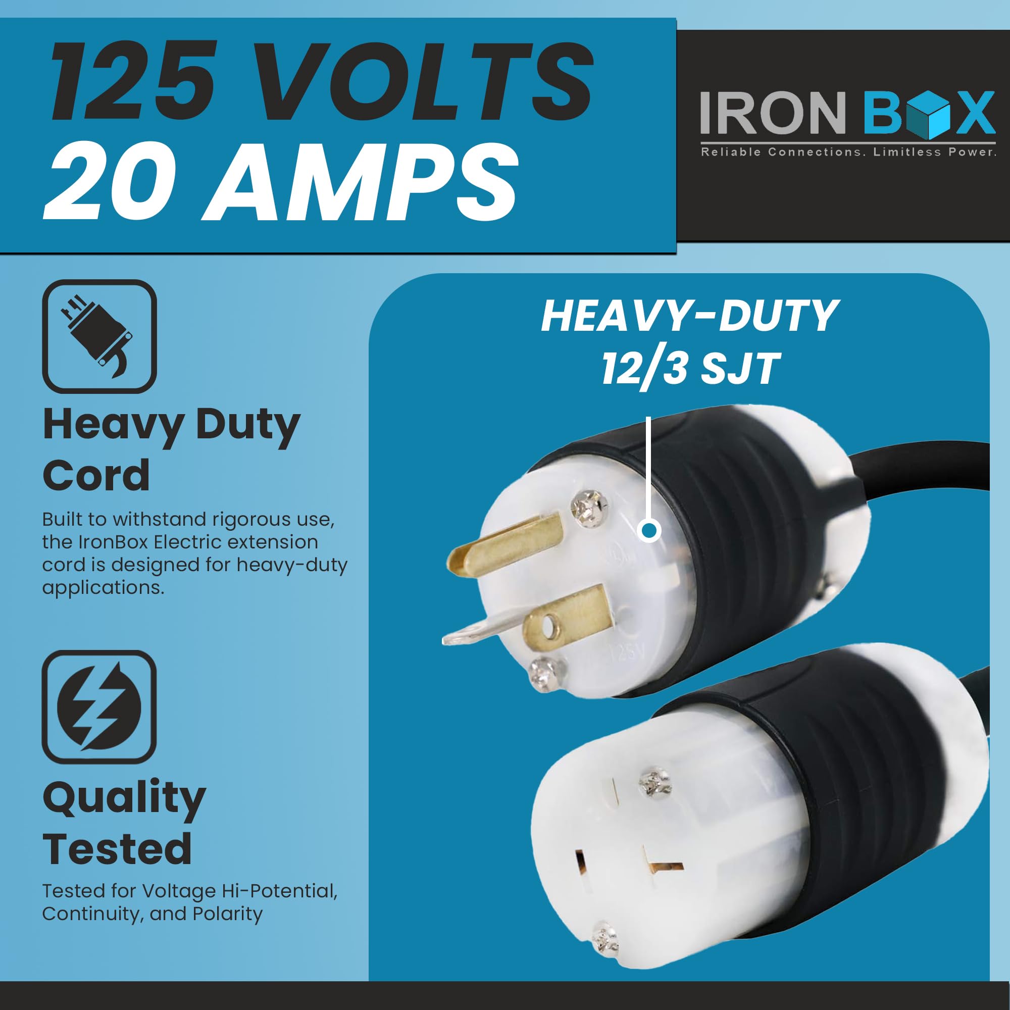 Ironbox Electric Nema 5 20P To 5 20R Extension Cord   20A, 125V, 12/3 Sjt   Heavy Duty Outdoor Generator Cords & Plugs   Ul List