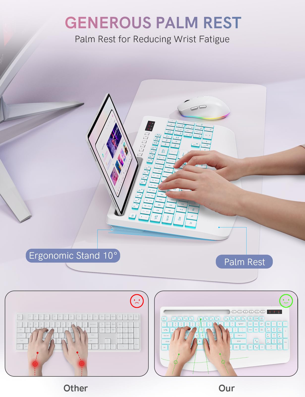 Wireless Keyboard And Mouse Combo With 7 Colored Backlits, Wrist Rest, Rechargeable Ergonomic Keyboard With Phone Holder, Silent