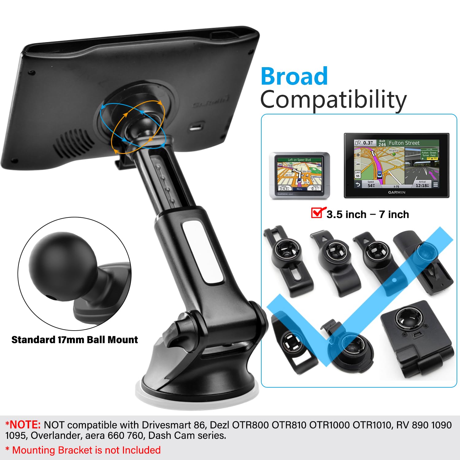 1Zero Gps Suction Cup Mount For Garmin [Quick Telescopic Extension Arm] (Set Of 2), Gps Dashboard Mount Dash Windshield Window Car Holder For Garmin Nuvi Rv Dezl Drive Drivesmart Driveassist And More