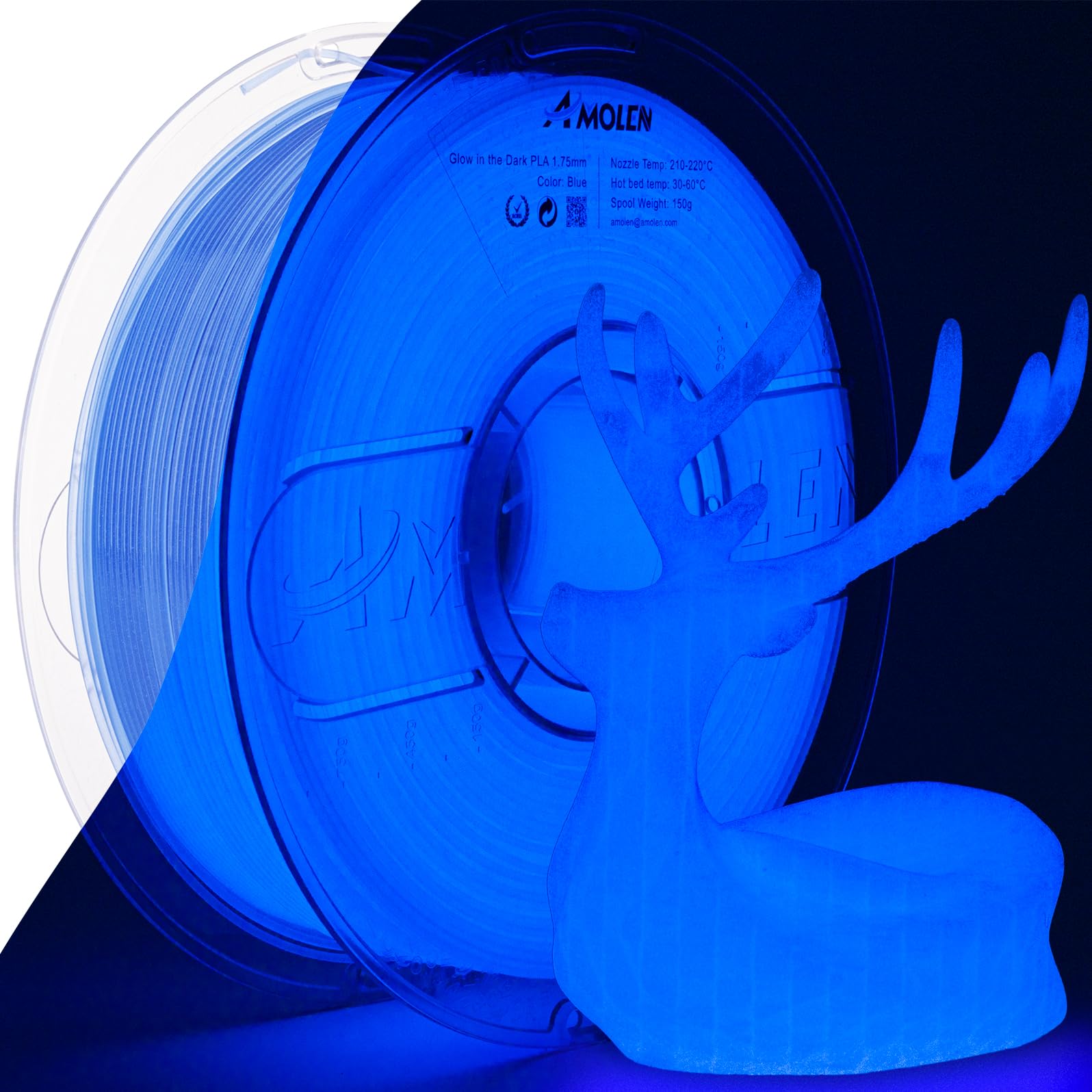 AMOLEN 3D PLA Printer Filament, 1.75mm Glow in The Dark Blue PLA Filament for 3D Printing, Best with UV Lamps, 1kg Spool (2.2lbs
