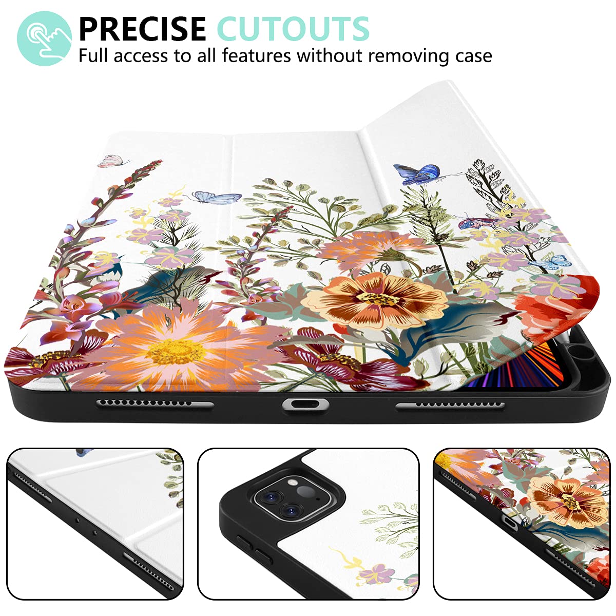 Dongke Floral Design Case For Ipad Pro 12.9 Inch 6Th, 5Th, 4Th, 3Rd Gen With Pencil Holder, Auto Wake/Sleep, And Stand
