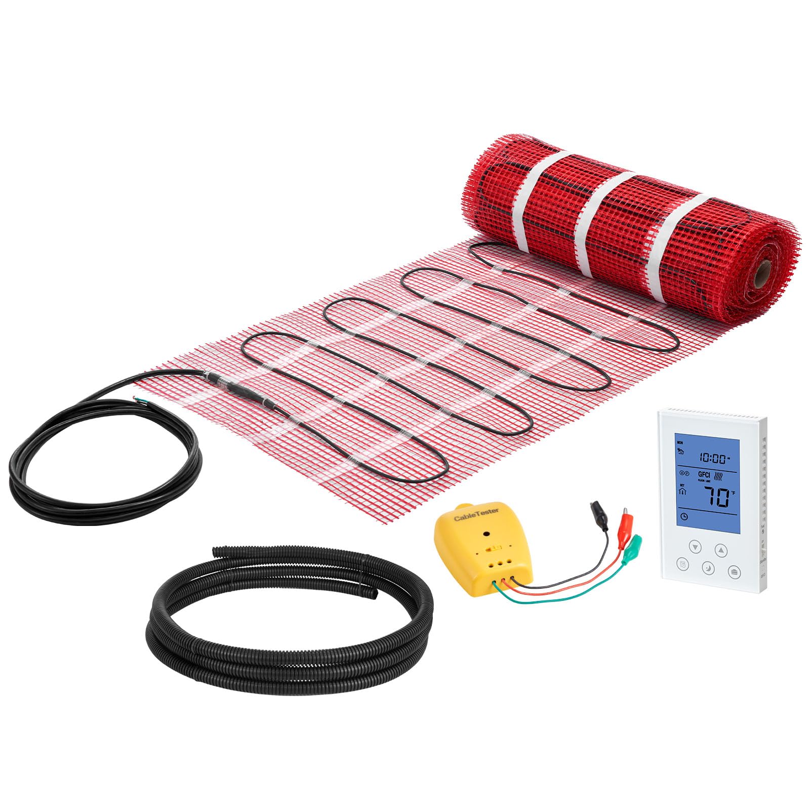 VEVOR 70 sqft Self-Adhesive Mesh Floor Heating Mat System, 120V Electric Radiant Heated Floor System, with Smart Control Thermos