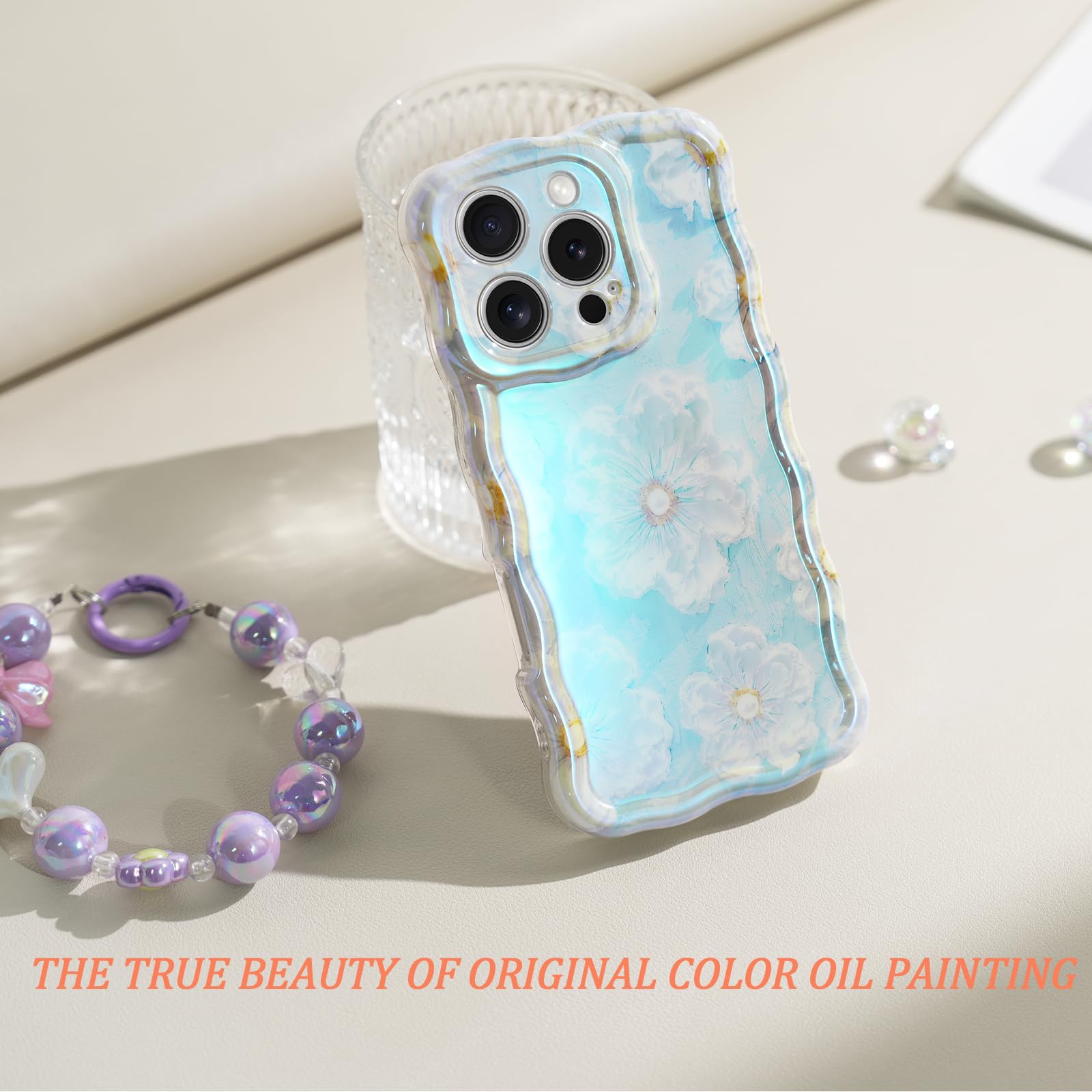 Sheheme For Iphone 14 Pro Max Case [With 9H Screen Protectors] Wave Bumper Colorful Oil Painting Flowers Print Blue Glossy Soft