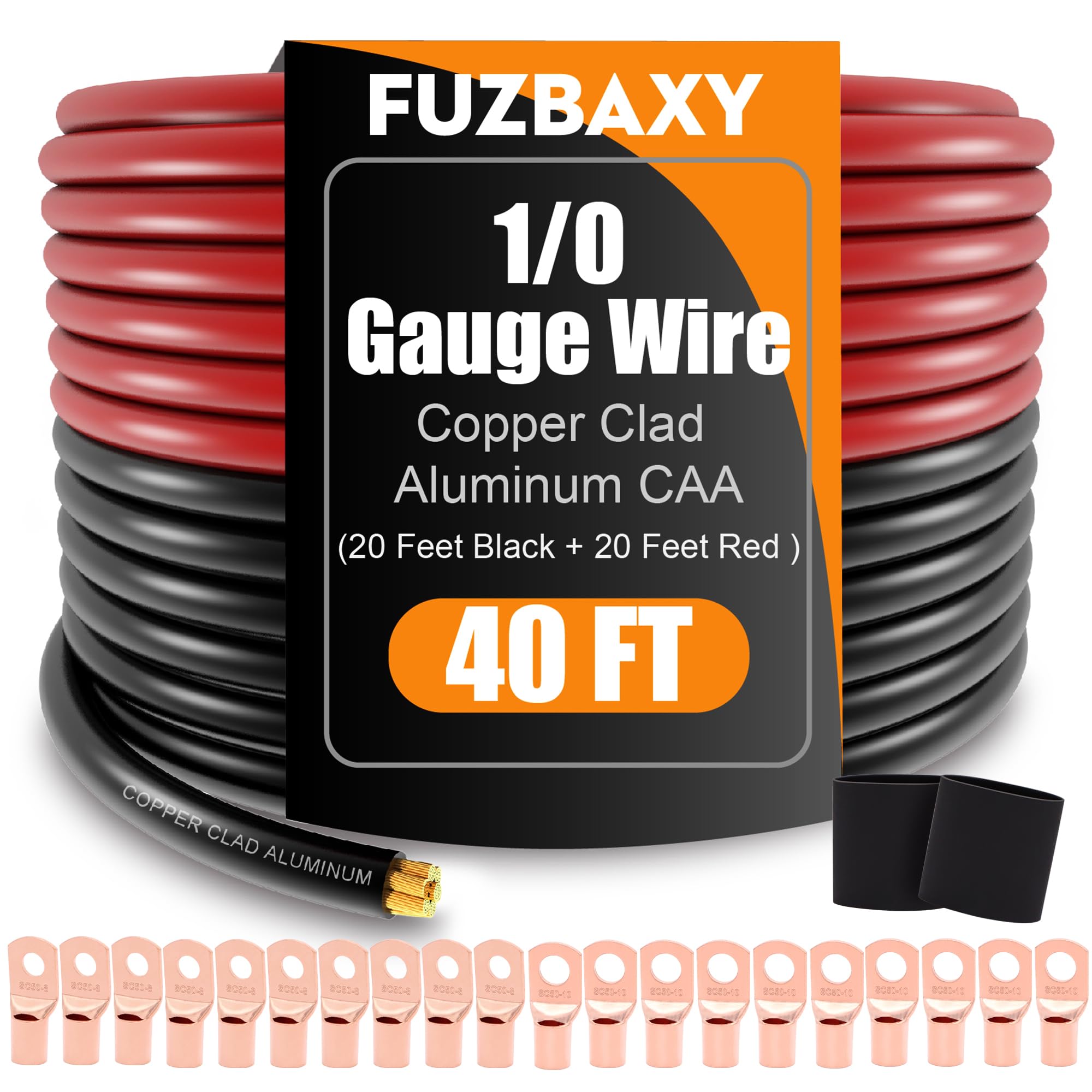 Awg 1/0 Gauge Wire (20 Feet Black+20 Feet Red) Copper Clad Aluminum Cca   Primary Automotive Wire Power/Ground,20Pcs Lugs Termin