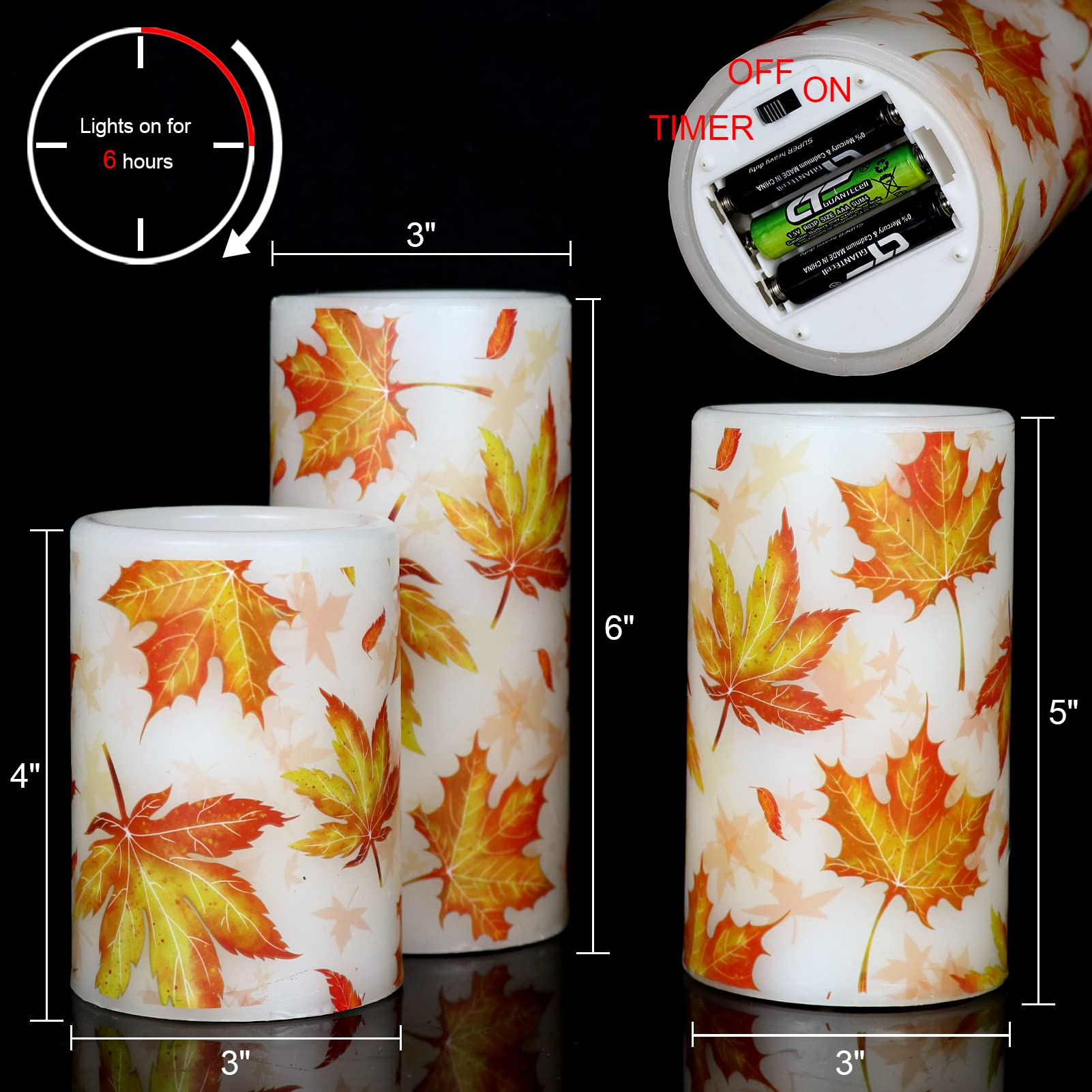 Genswin Maple Leaf Flickering Flameless Candles Battery Operated With 6 Hours Timer, Real Wax Led Pillar Led Candles Christms We