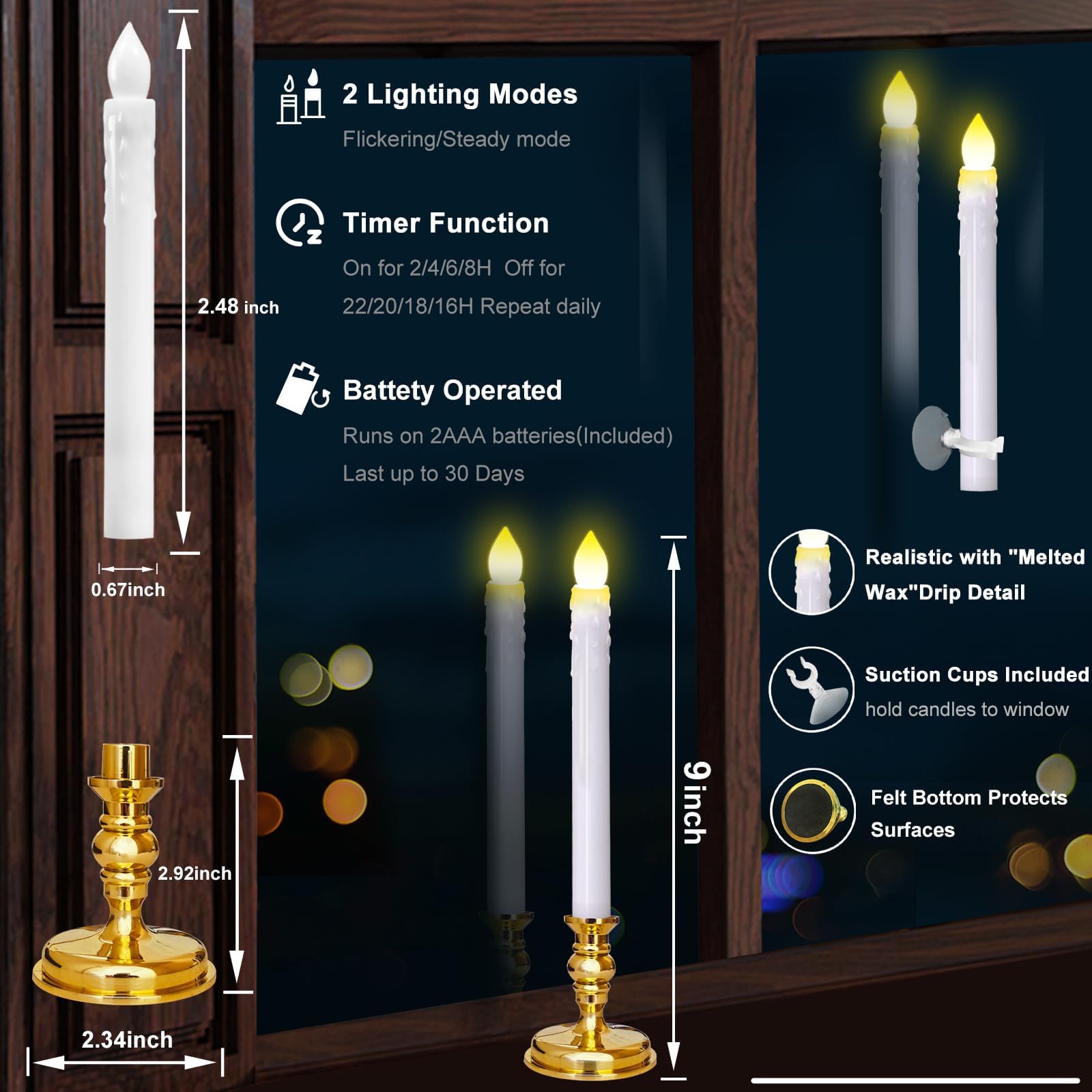 Flameless Candles 10 Pack Battery Operated Window Candles With Drip Texture,Remote Timer,10 Removable Candle Holders,10 Suction