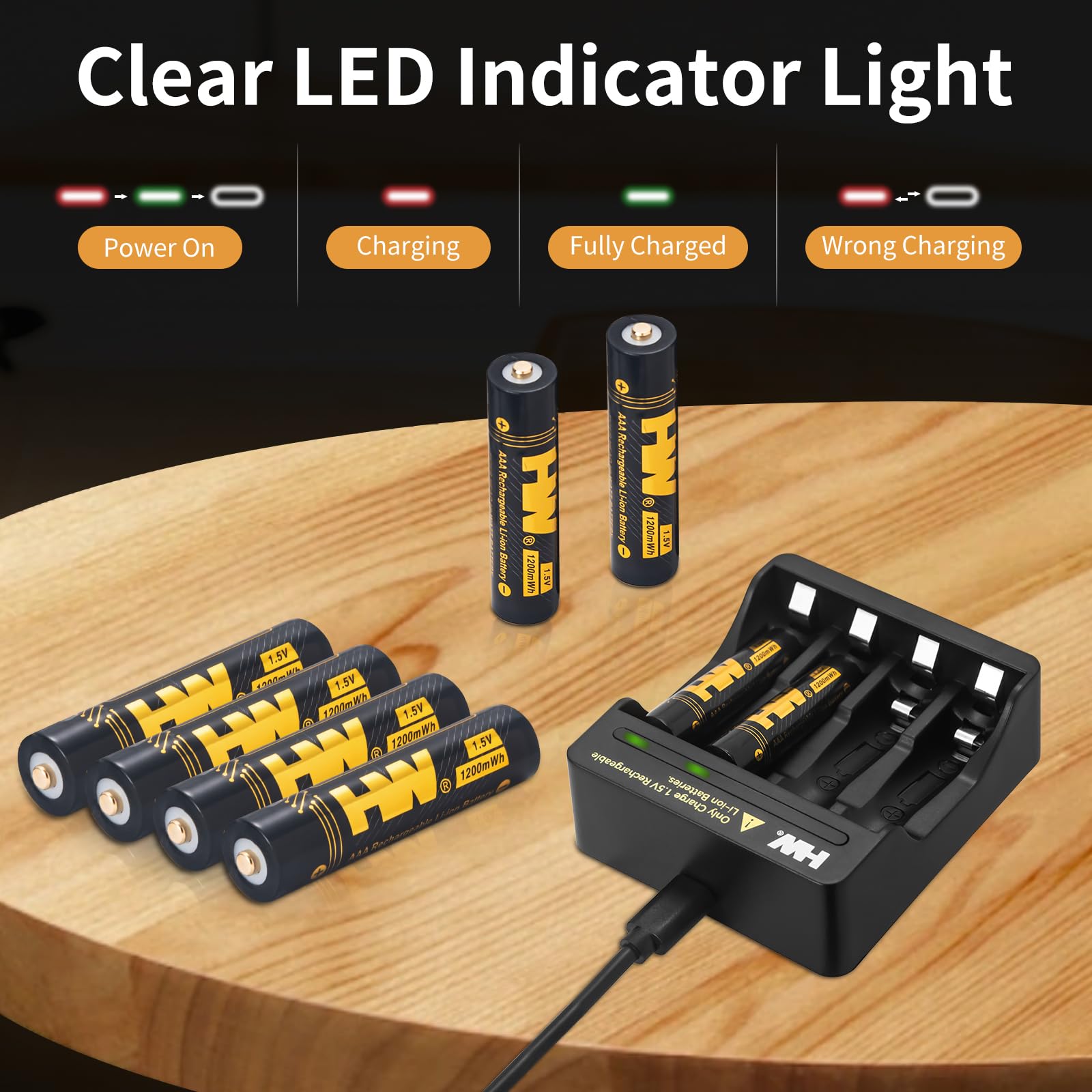 Hw 4 Pack Lithium Rechargeable Aaa Batteries With Charger, 1.5V 1200Mwh Triple A Lithium Ion Batteries, 2.5H Fast Chrge, Long La