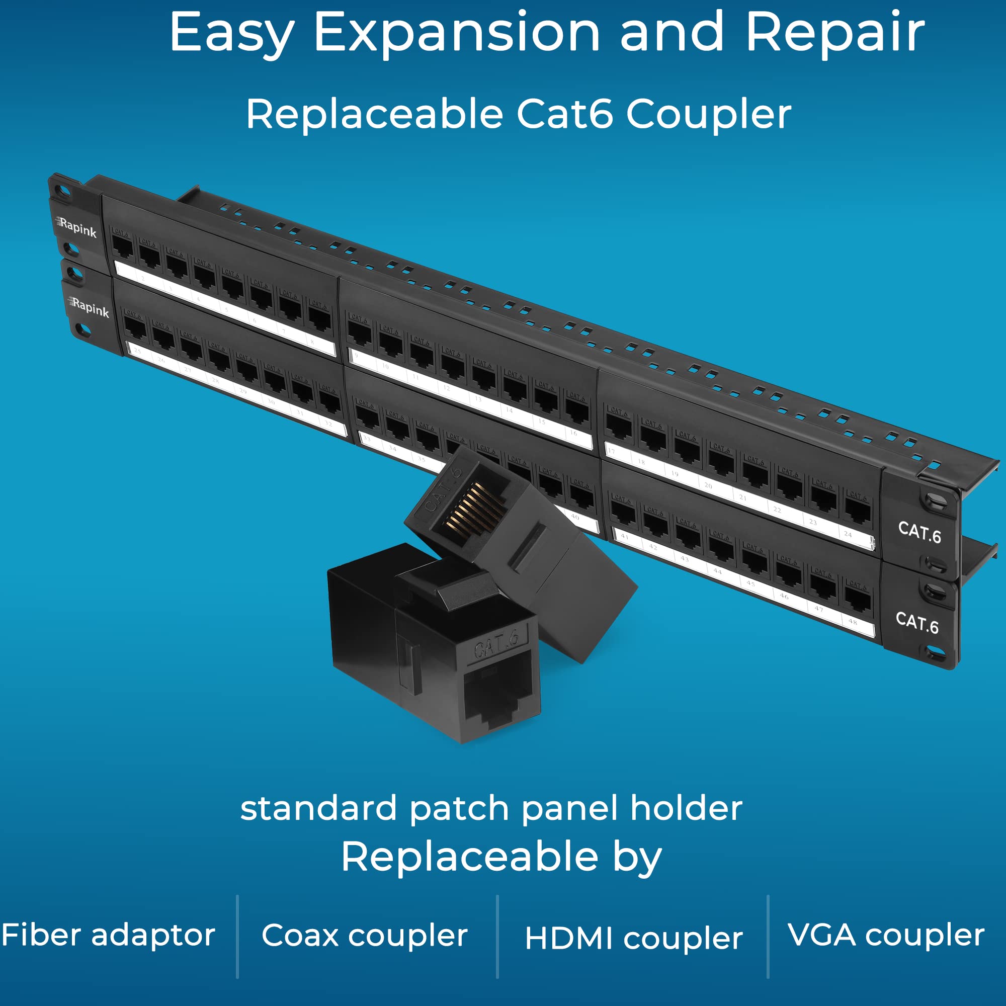 Rapink Patch Panel 48 Port Cat6 With Inline Keystone 10G Support, Pass Thru Coupler Patch Panel Utp 19 Inch With Removable Back Bar, 1U Network Patch Panel For Cat6, Cat5E, Cat5 Cabling