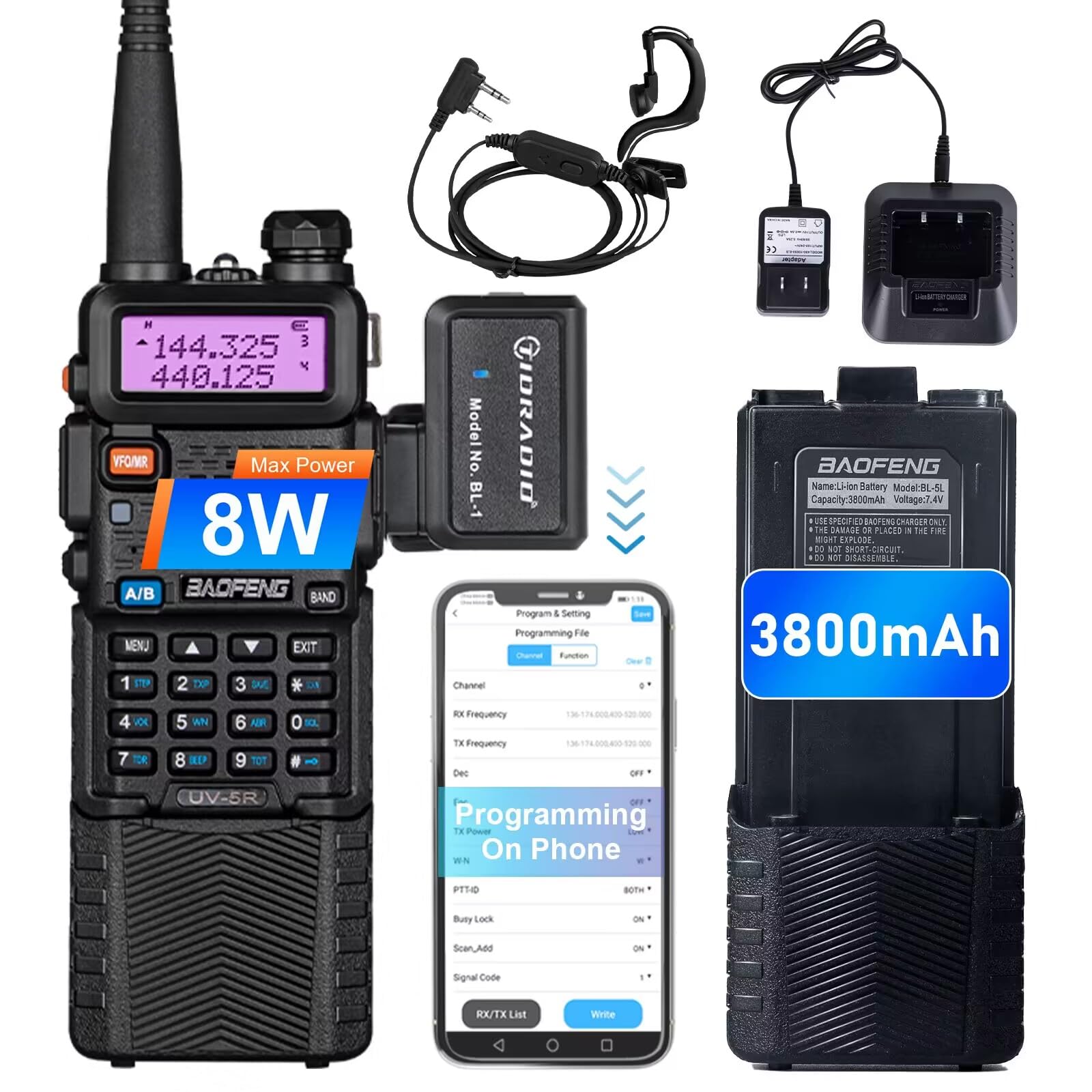 Baofeng UV-5R Ham Radio Handheld High Power Two Way Radio 3800mAh Battery Walkie Talkies with Earpiece and TIDRADIO Wireless Pro