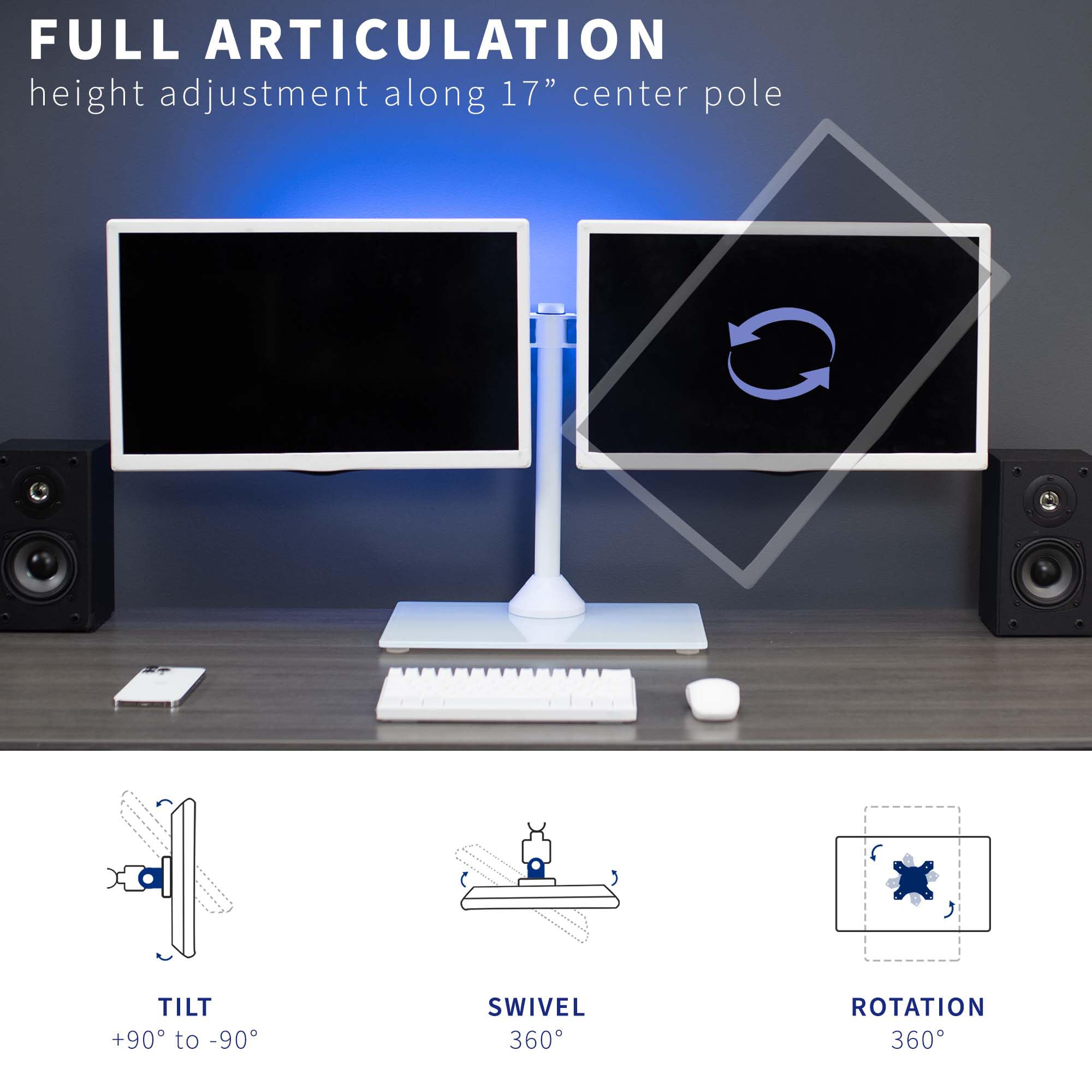 VIVO Freestanding Dual Monitor Stand with Sleek Glass Base and Adjustable Arms, Mounts 2 Screens up to 32 inch and 22 lbs Each, White, STAND V002FGW