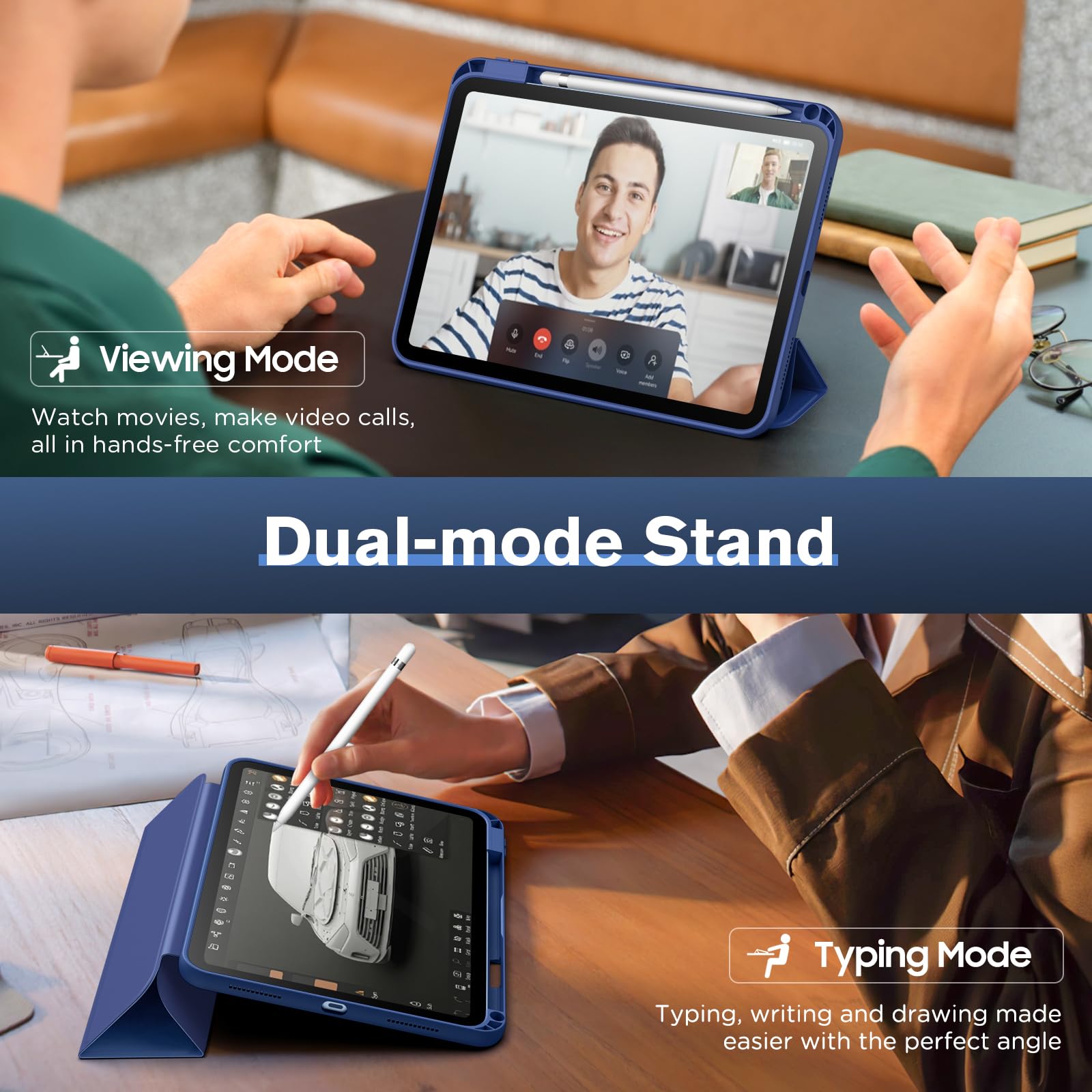 MoKo for iPad (A16) 11th Generation 2025 11 inch/10th Generation 10th 2022 10.9 inch Case with Pencil Holder,Smart Trifold Protective iPad Case with Soft TPU Back Stand Cover,Auto Wake/Sleep,Navy Blue