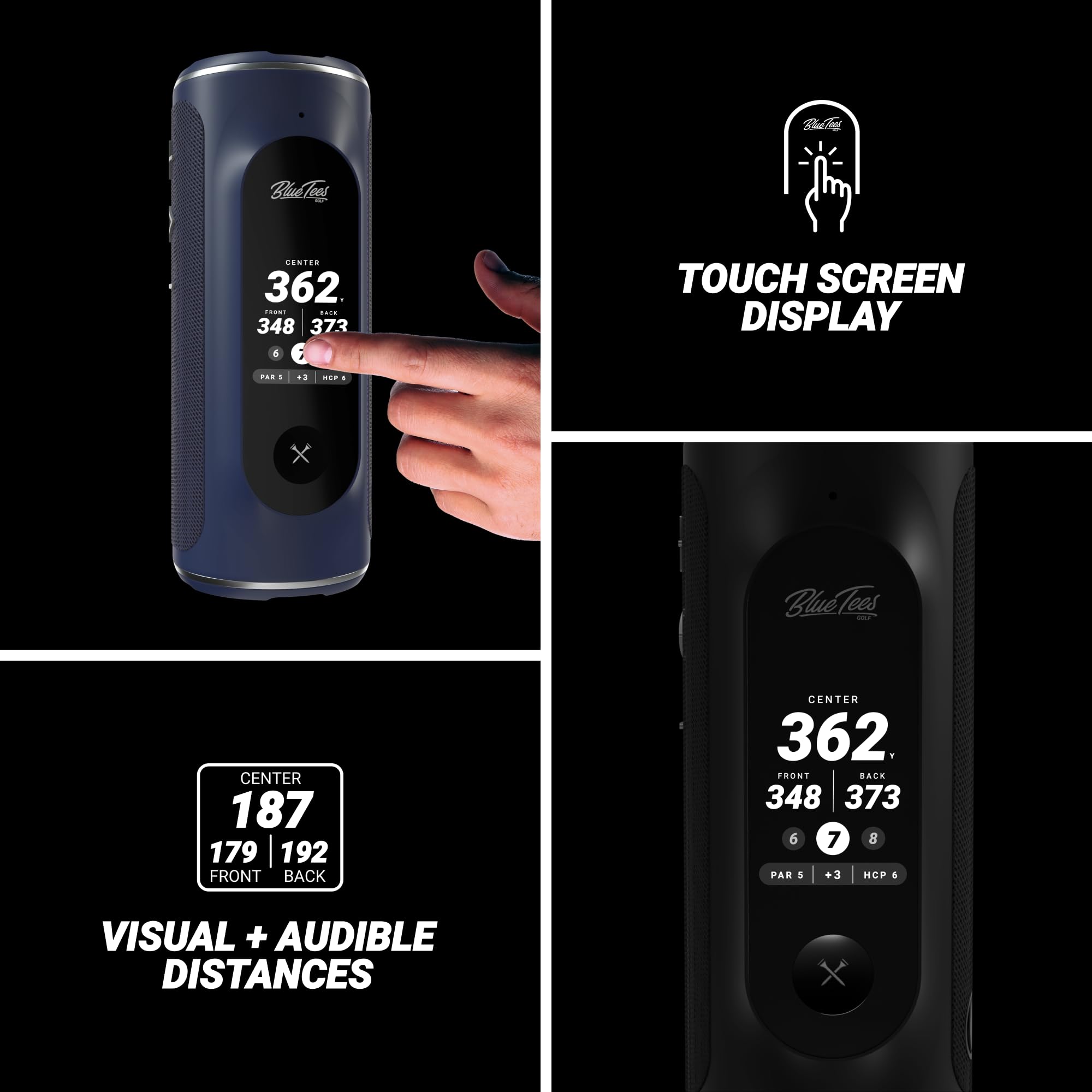 Blue Tees Golf Player+ Gps Speaker With Touch Screen Display, 10+ Hours Battery, 40,000+ Courses, Visual + Audible Distance, Hazard Distance   Ipx7 Waterproof (Navy)