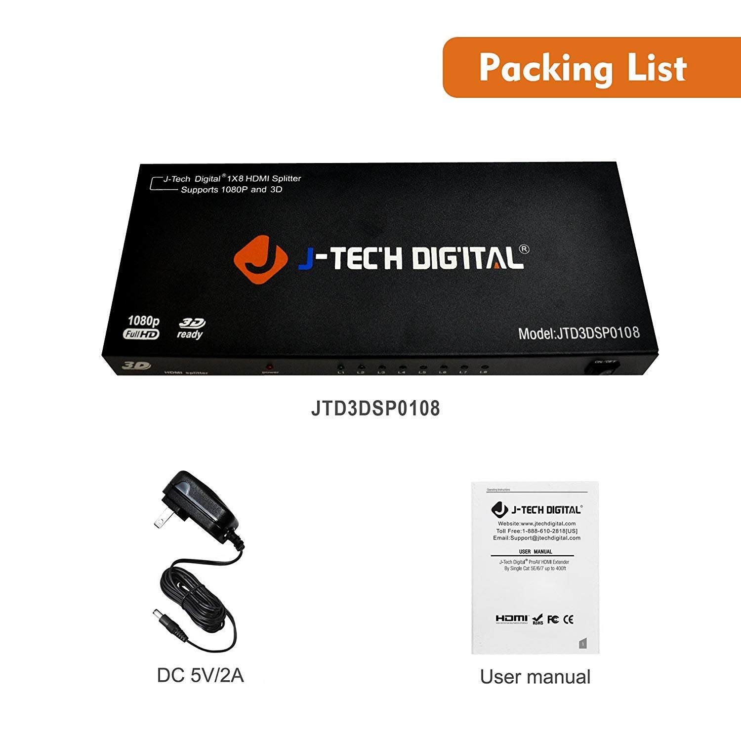 J Tech Digital Jtd3Dsp0108 8 Port Hdmi V1.3 1 Input 8 Output 1X8 1080P Hdmi Splitter