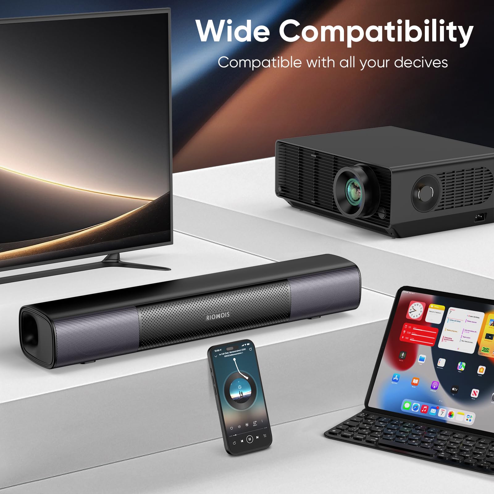 Riowois Sound Bar For Smart Tv, Bass Boost And Crisp Vocals,Bluetooth Soundbar For Tv/Pc/Gaming/Projectors,Optical/Aux/Wall Moun