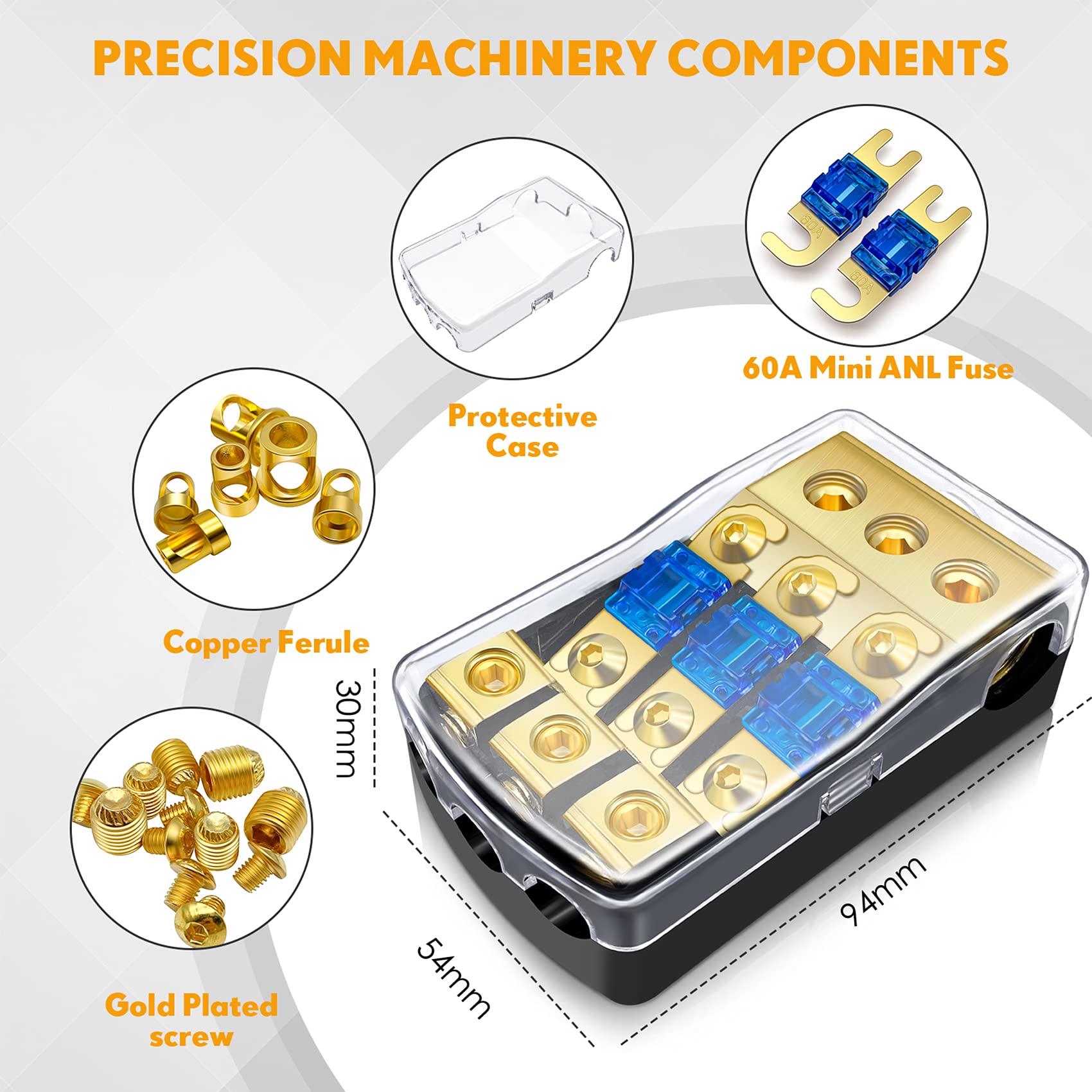 Bulvack 3 Way Mini Anl Fuse Holder, Copper 0/2/4 Gauge To 4/6/8 Gauge 60 Amp Fuse Distribution Block For Car Truck Boat Audio St