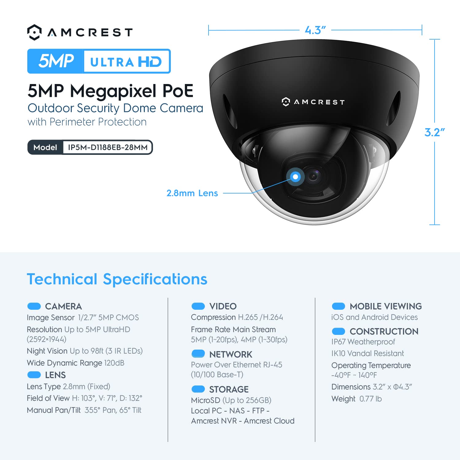 Amcrest 5Mp Poe Camera, Outdoor Vandal Dome Security Poe Ip Camera, 5 Megapixel, 98Ft Nightvision, 2.8Mm Lens, Ip67, Ik10 Resist