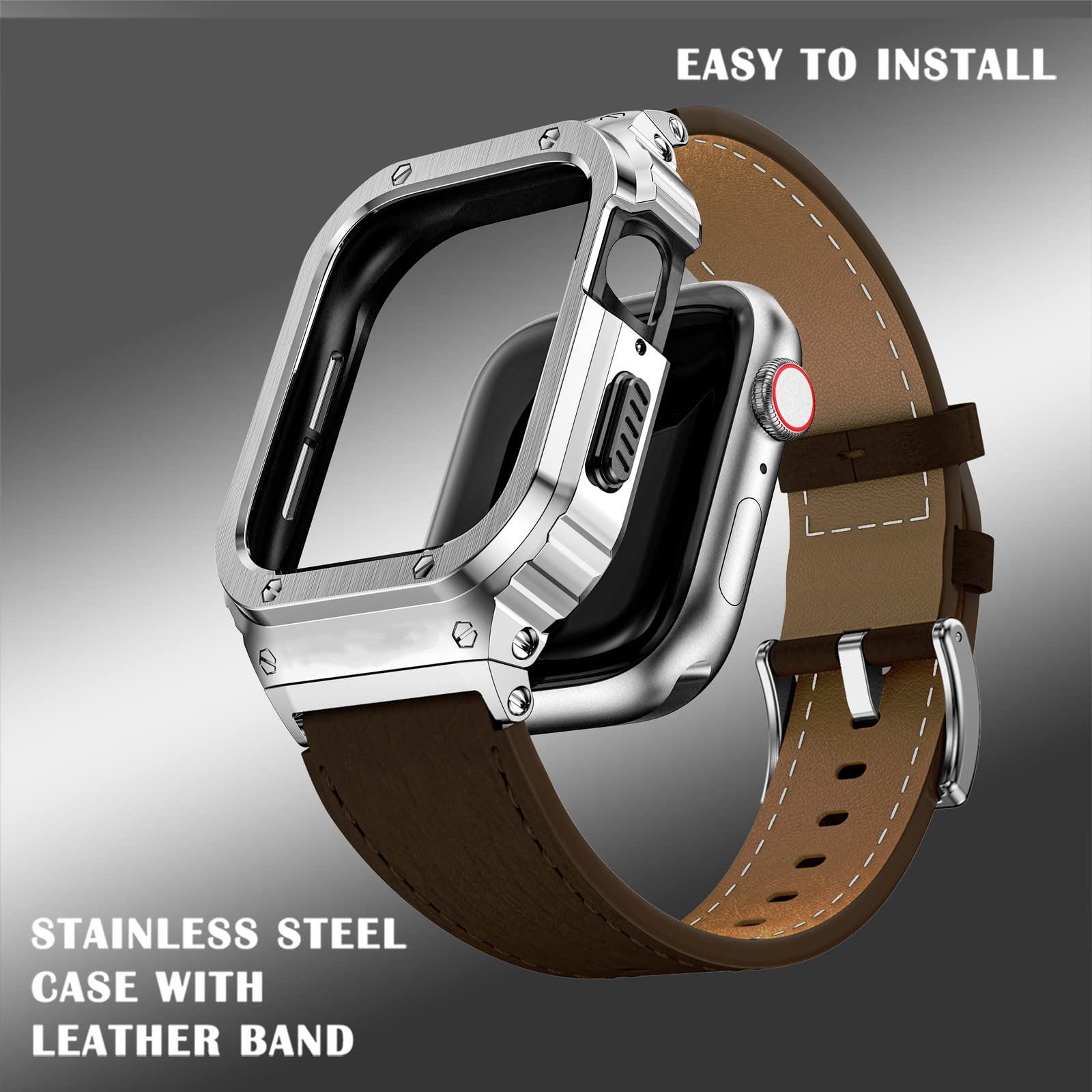 Suplink Stainless Steel Case And Bands Compatible With Apple Watch Bands 44Mm 42Mm,Leather Strap Rugged Iwatch Cover For Iwatch
