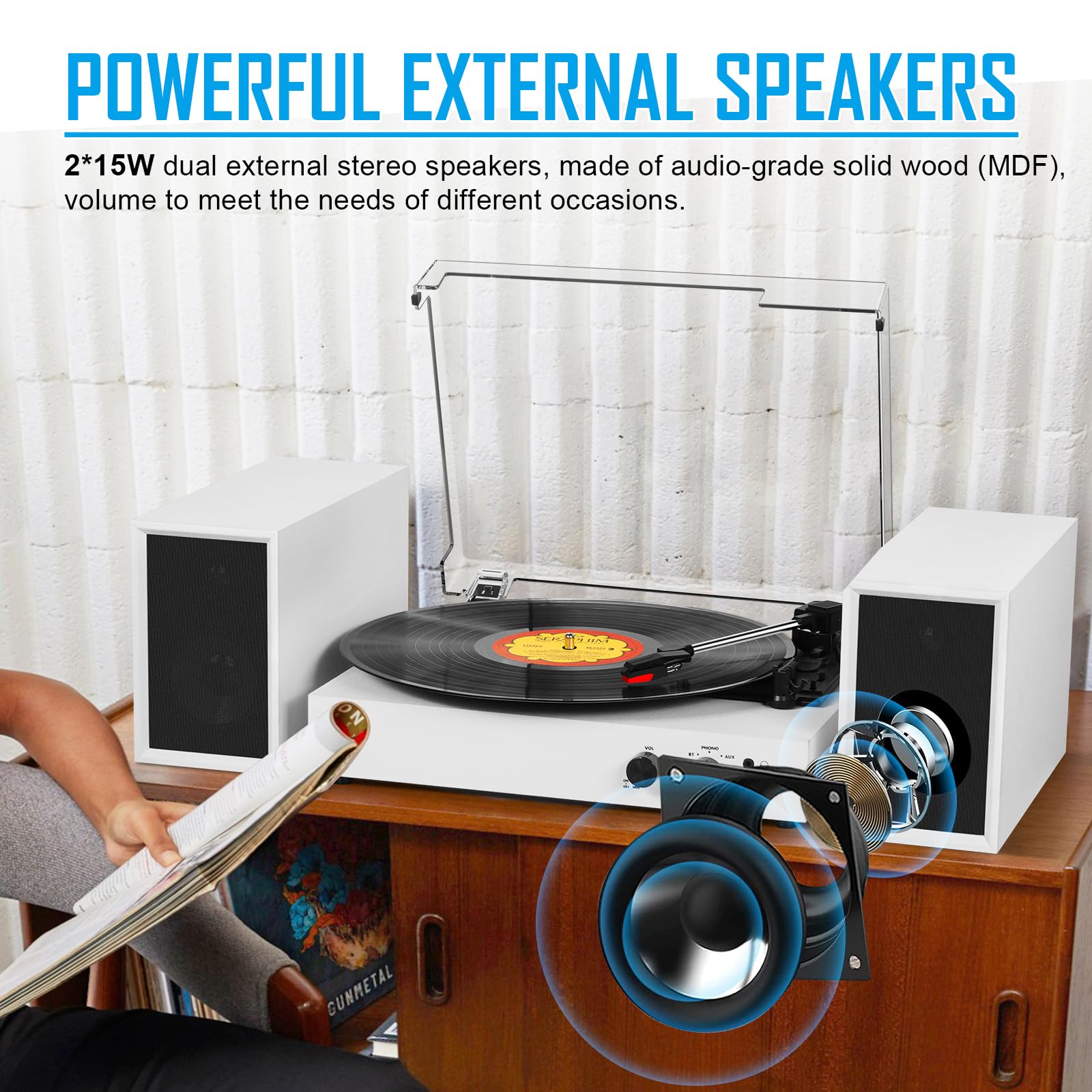 Record Player For Vinyl With External Speakers, Bluetooth 3 Speed Vintage Belt Driven 33 45 78 Rpm Turntable With Stereo Speaker