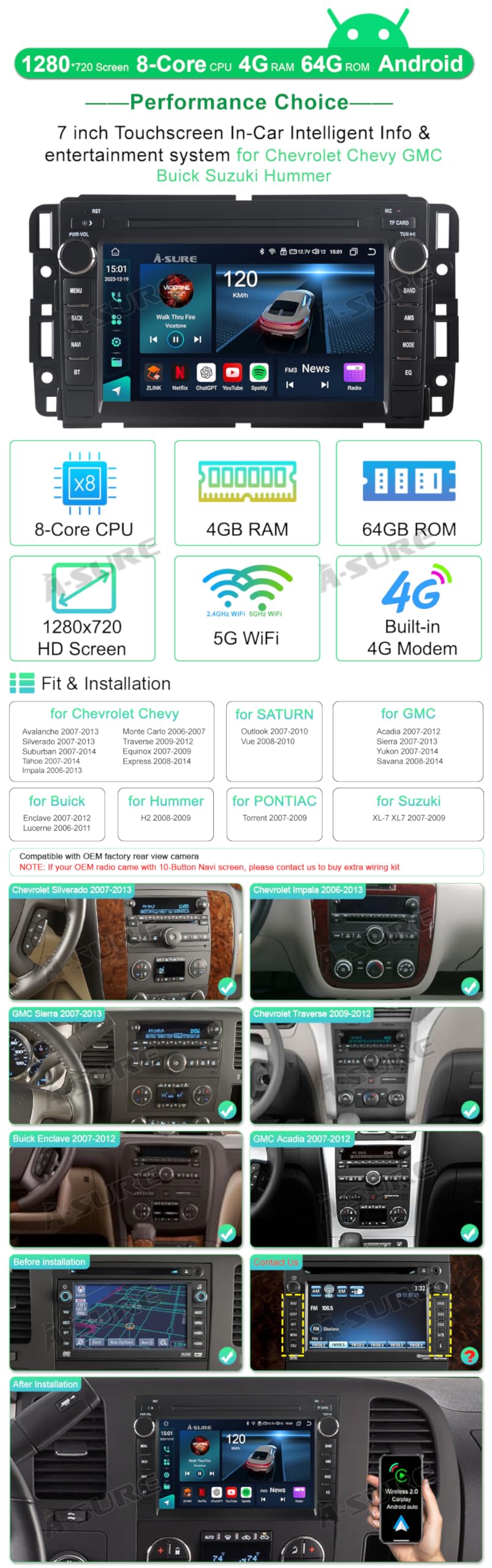 Asure 7'' Car Stereo Radio For Chevy Silverado Gmc Sierra Yukon 2007 2013,8Core 4G+64G Android Gps Navigation Unit With Wireless